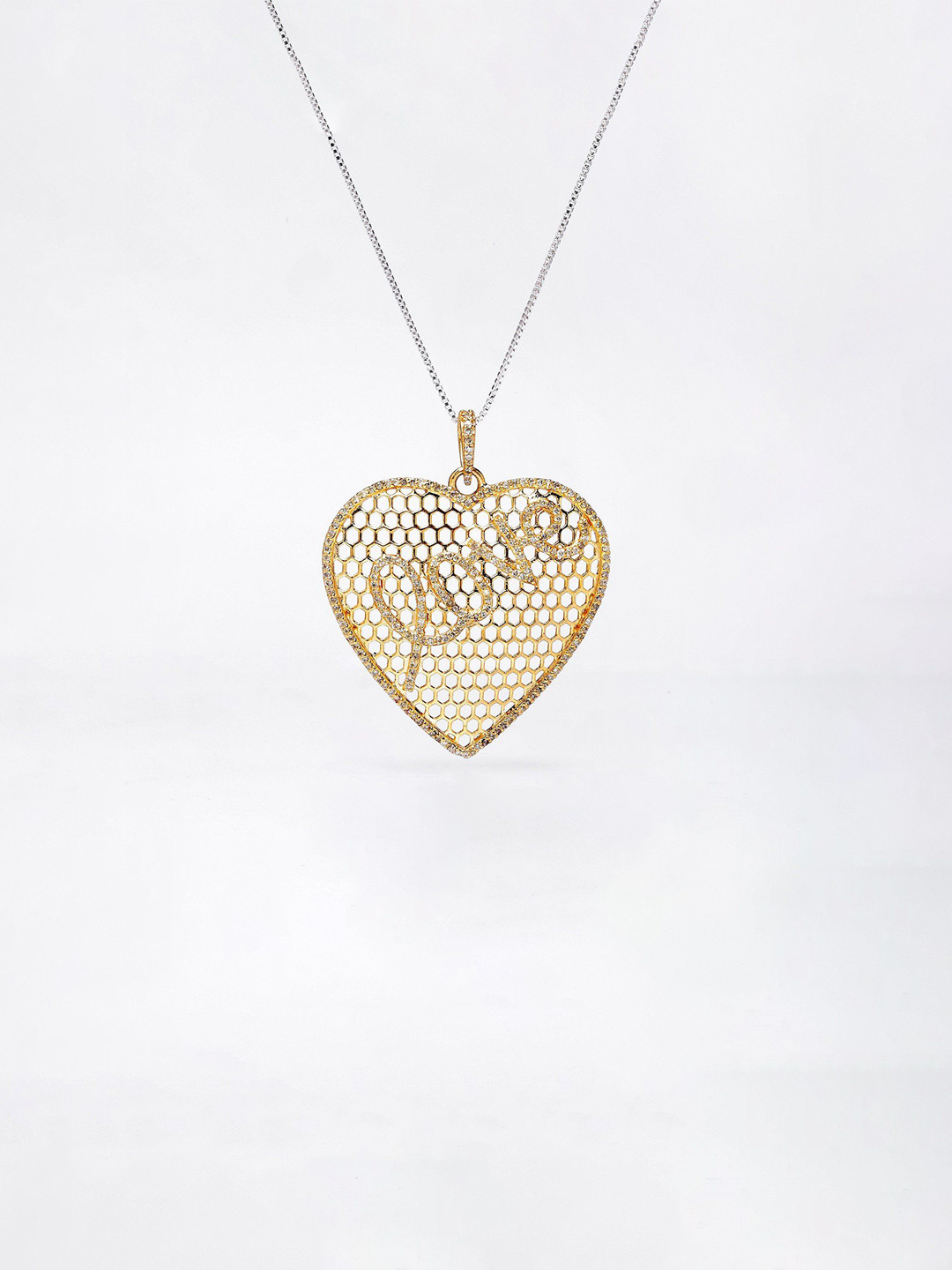 Exotic India Gold Plated Sterling Silver Heart Shape Pendant with Diamond
