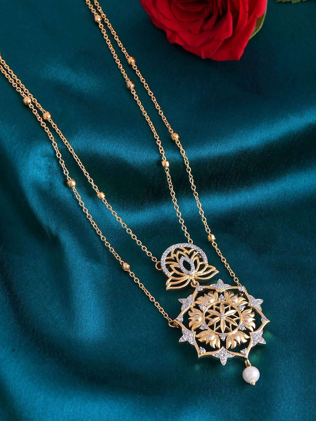 Voylla Alpana Lotus Luminance Gold-Plated Cubic Zirconia Layered Necklace