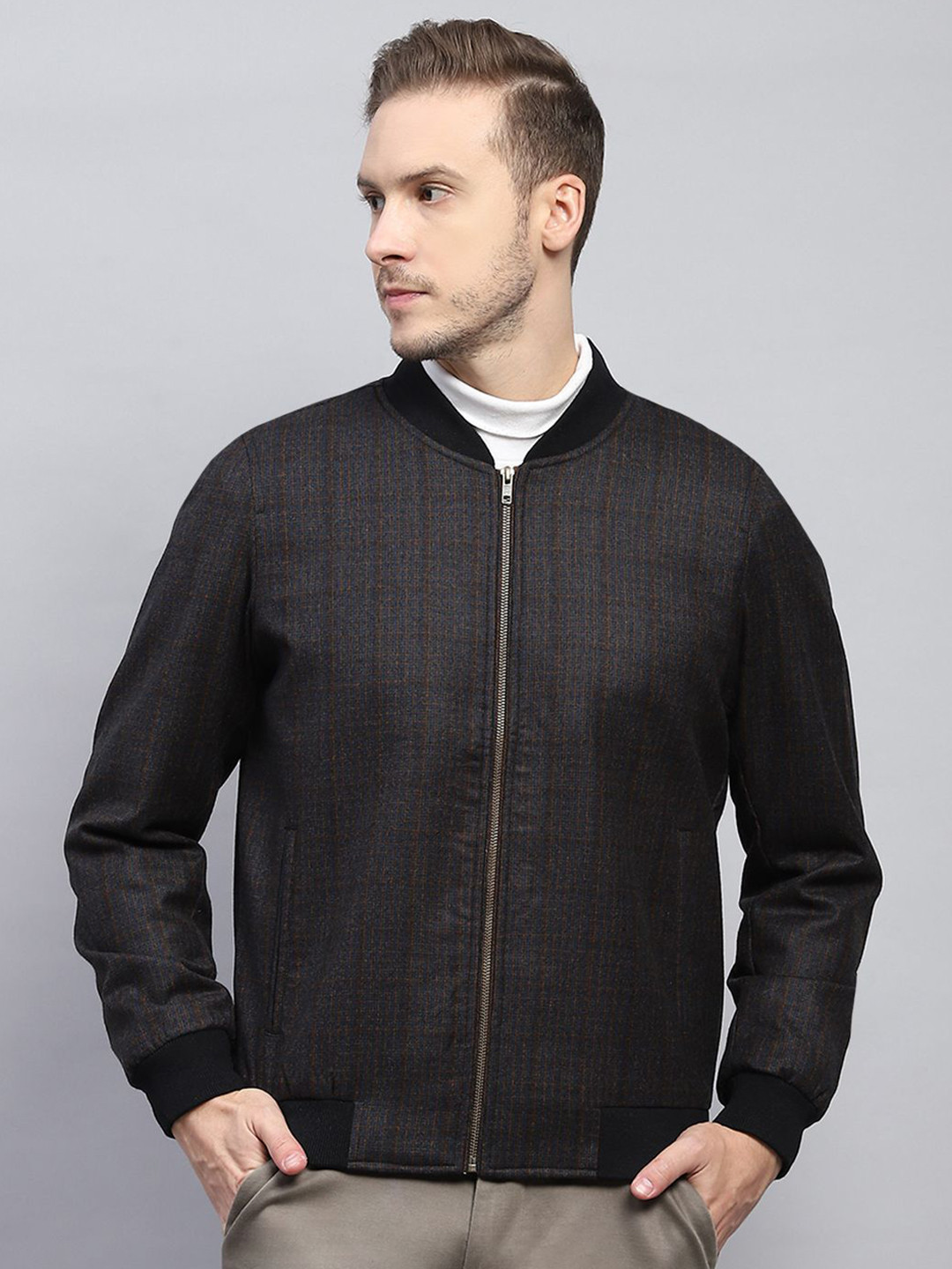 Monte Carlo Men Checked Long Sleeves Zipped Open Front Winter Jacket