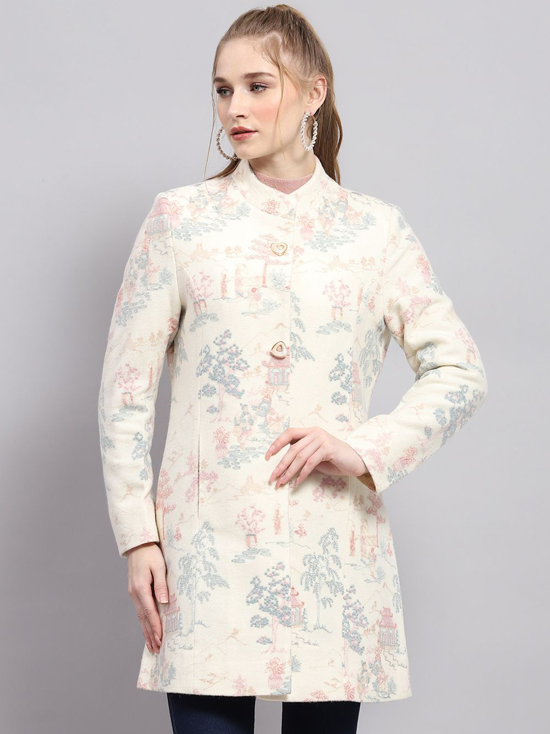 Monte Carlo Georgette Embroidered Mock Collared Coat