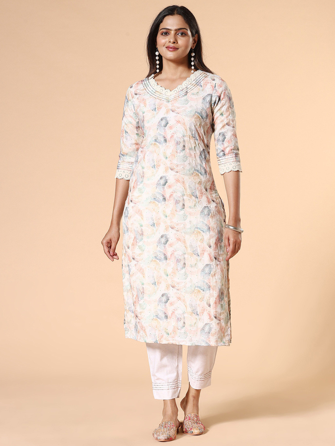 Vismay Women schiffli Printed Straight Kurta with embroidery and matching bottom