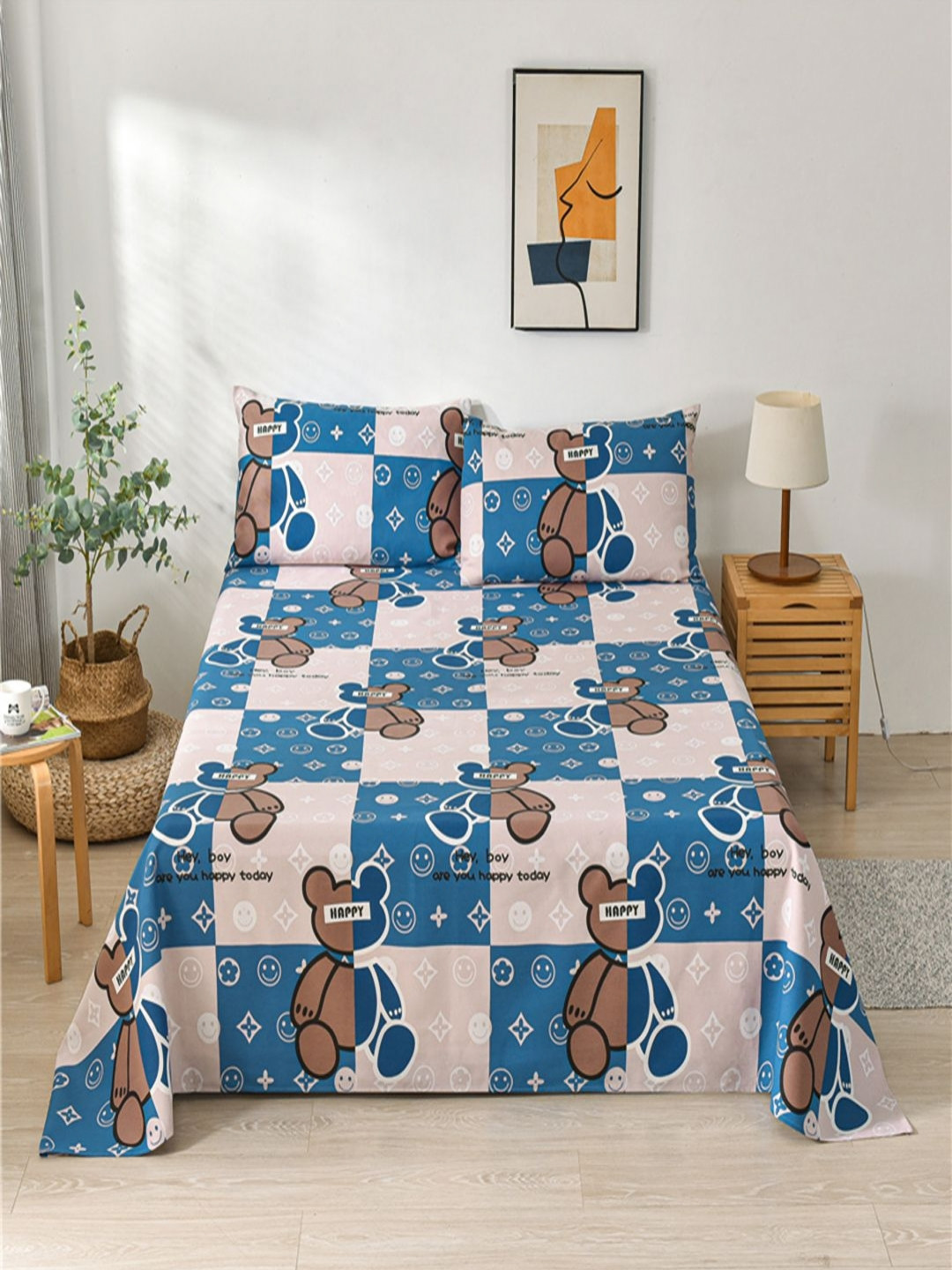 JC HOME Blue Graphic Cotton 230 TC Double Fine Bedsheet with a Pillow Cover-91 x 59 inches