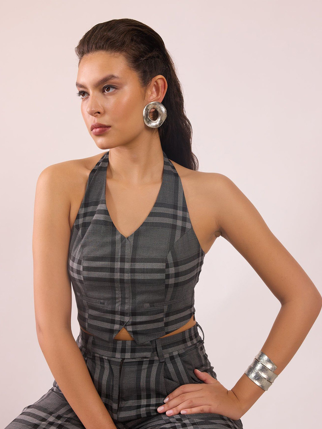 Virgio Viscose Stretch Halter Checked Vest