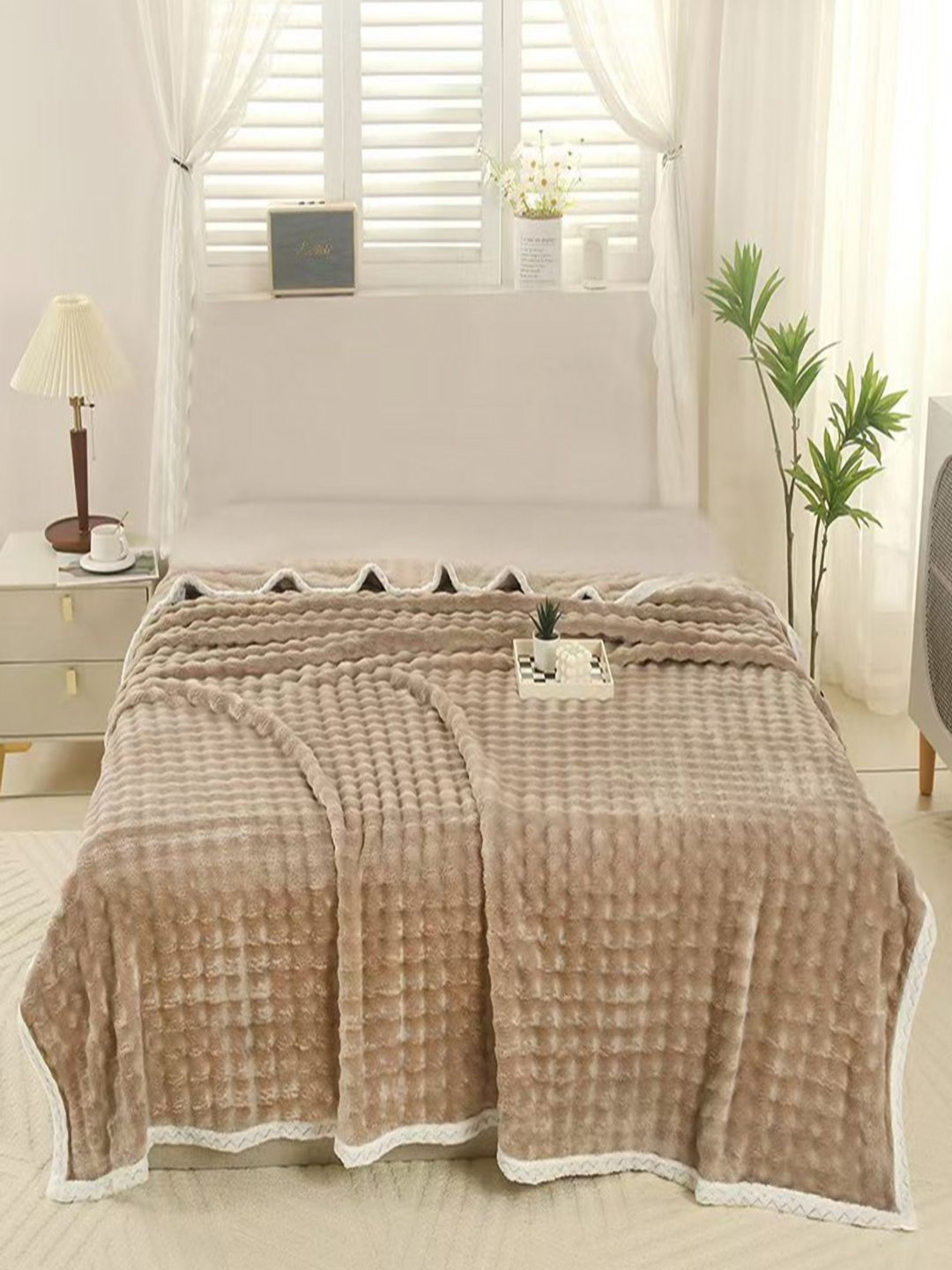 JC HOME Khaki & White AC Room 300 GSM Double Bed Blanket