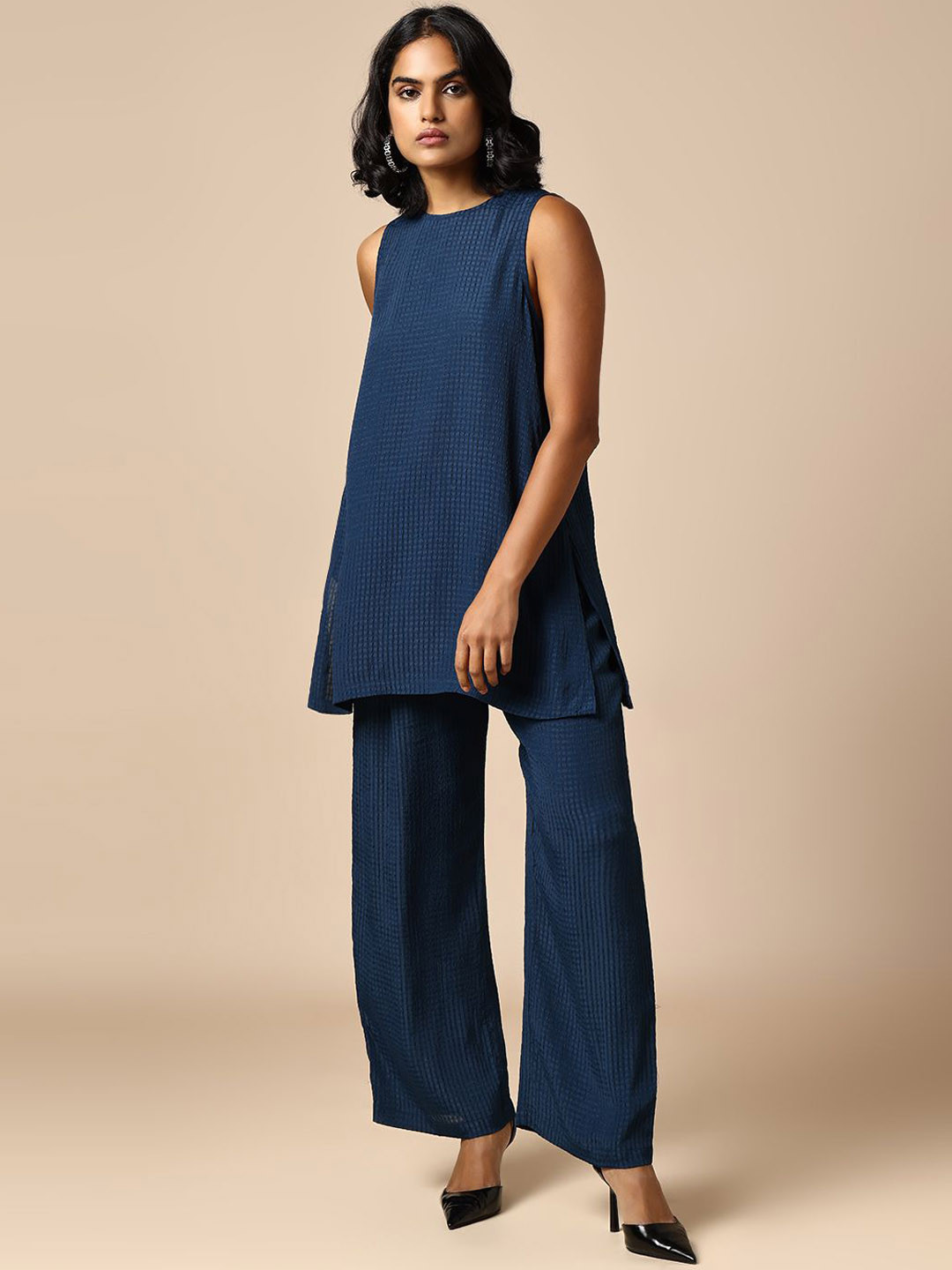 Modern Indian by CHEMISTRY Striped Round Neck Casual Tunic & Palazzos