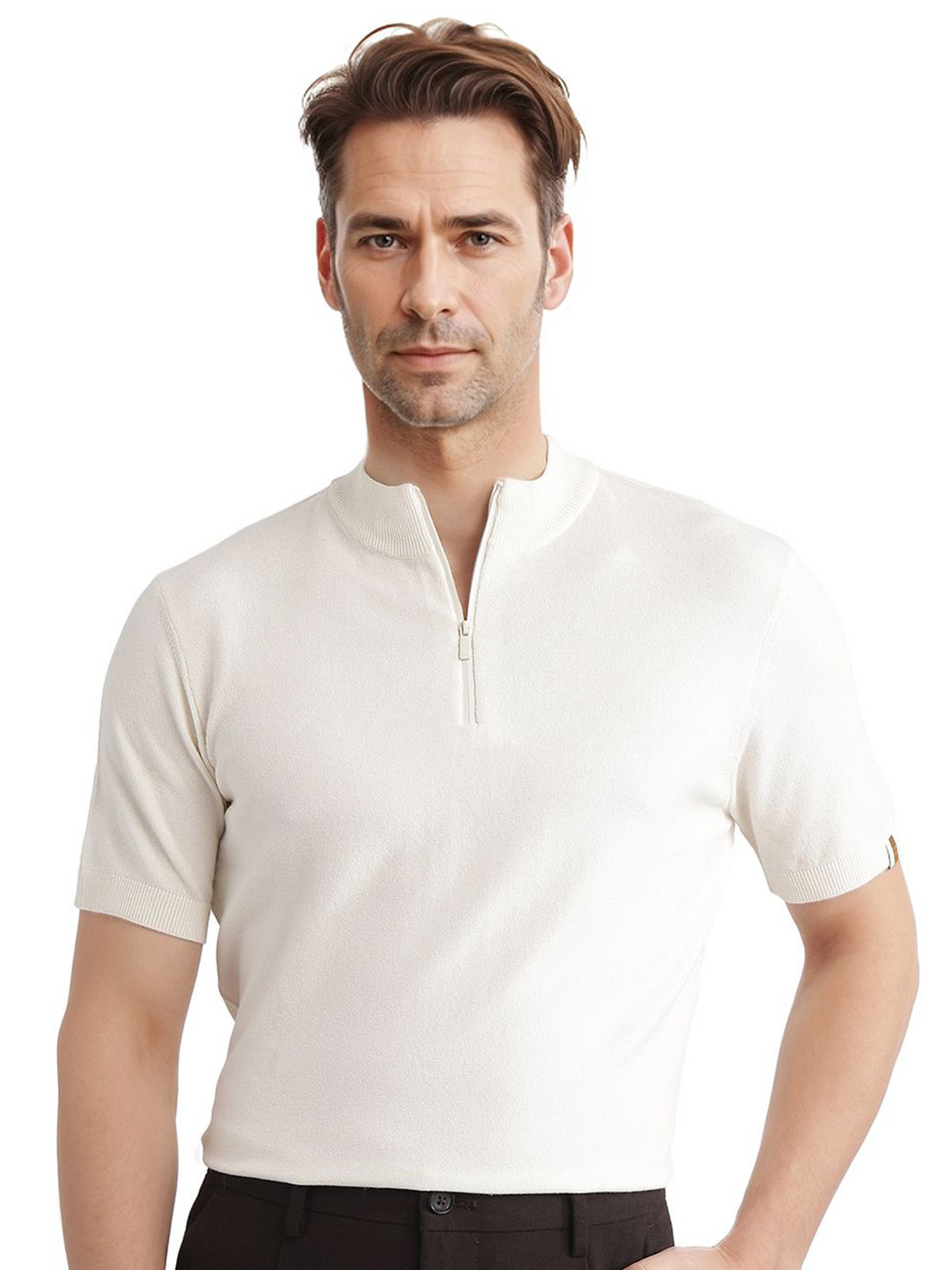 RARE RABBIT Men Plain High Neck Half Sleeve Viscose Regular Fit Polo T-Shirt