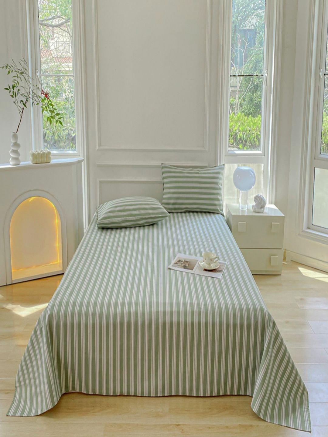 JC HOME Green Striped Polycotton 150 TC Single Bedsheet with a Pillow Cover-150 x 230 cm