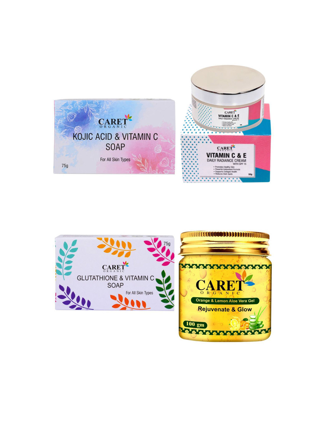 CARET ORGANIC Set of 4 Kojic Acid Soap,  Lemon Gel, Radiance Cream & Glutathione Soap