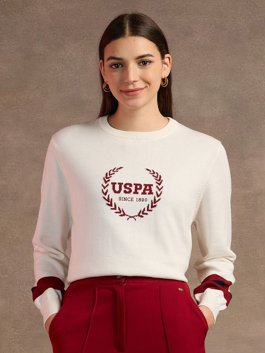 U.S. Polo Assn. Women Typography Printed Cotton Pullover Long Sleeves  Sweaters