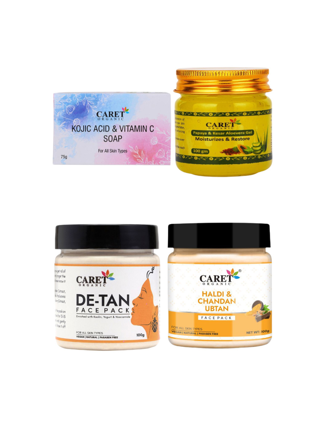 CARET ORGANIC Bath & Body Combo - Soap- 75g + Face Gel 100g + Face Pack 100g + Ubtan 100g