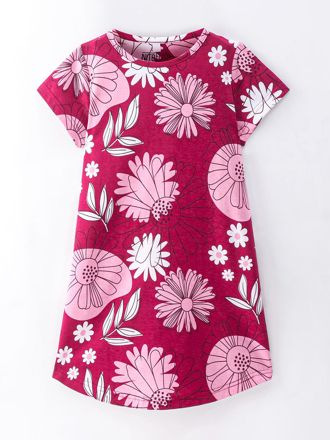 Nite Flite Girls Floral Printed Pure Cotton T-shirt Nightdress