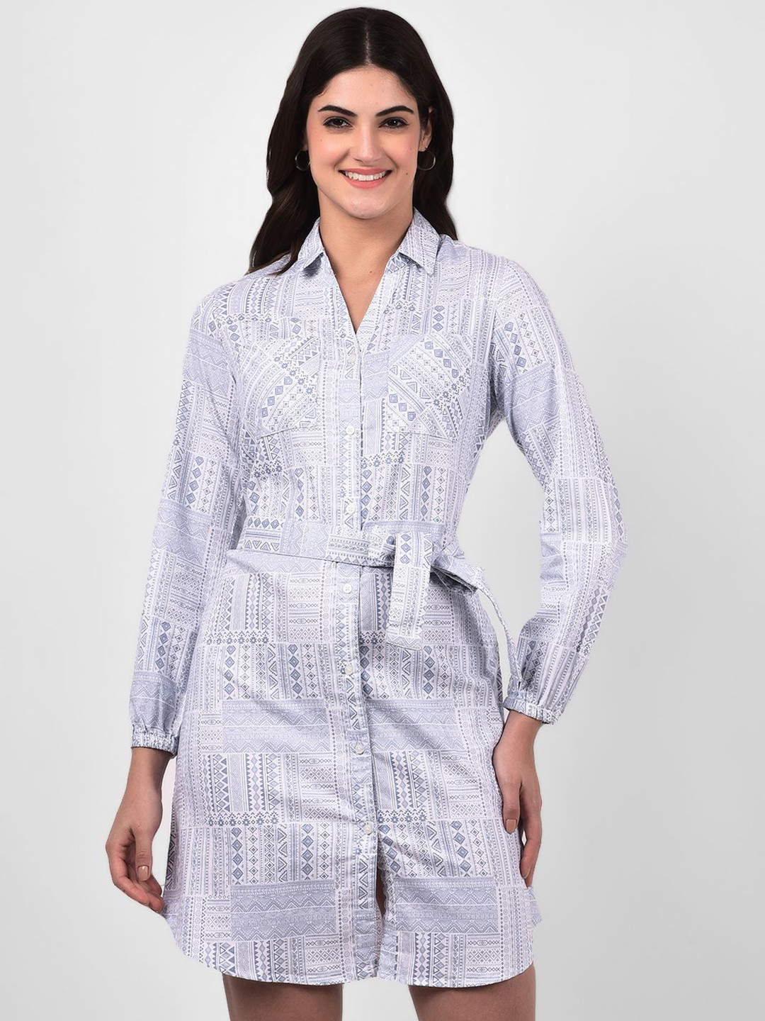 Numero Uno Women Cotton Printed Shirt Collar Shirt Mini Dress Comes with a belt