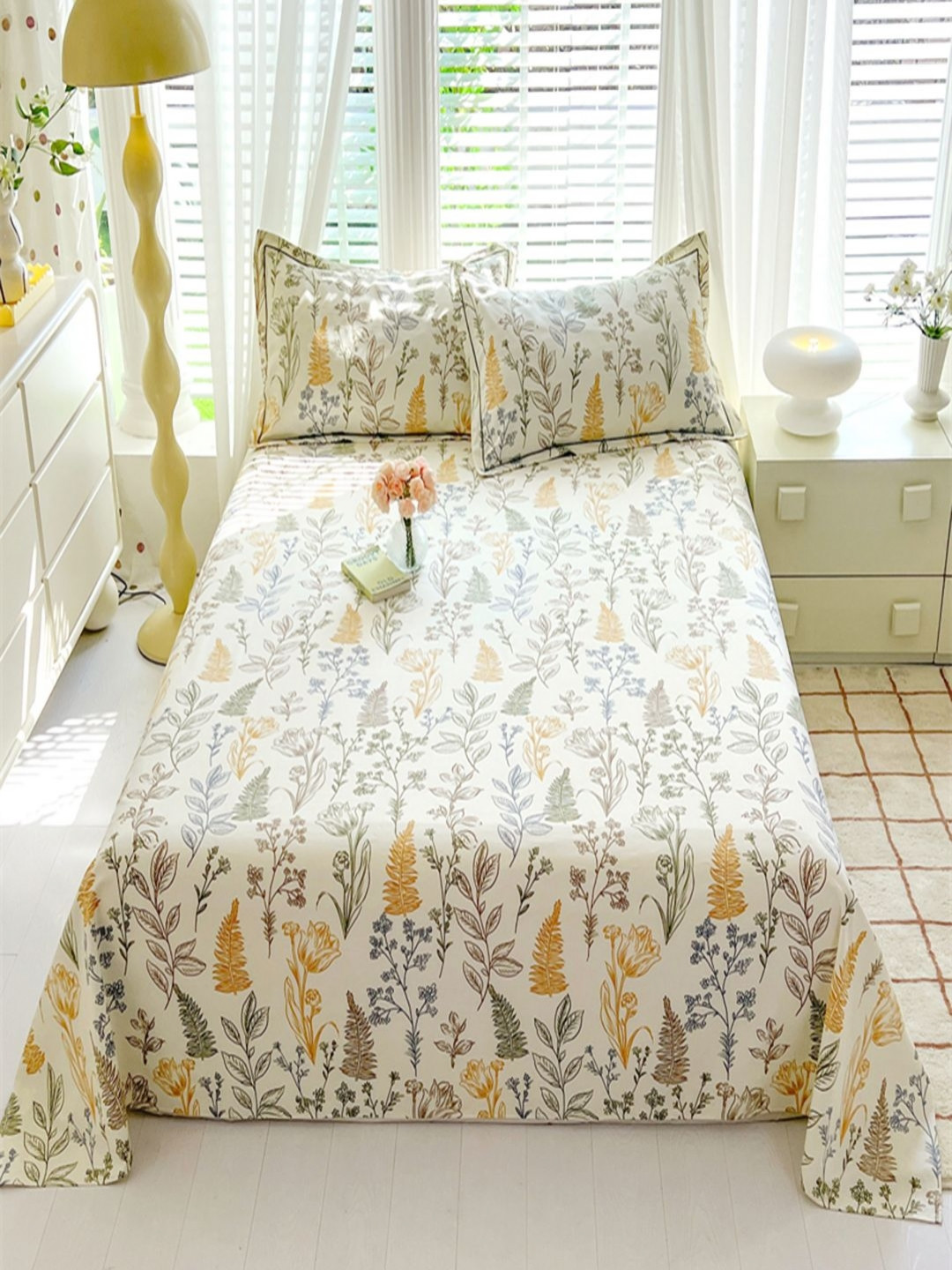 JC HOME Cream Floral Pure Cotton 230 TC Single Bedsheet with a Pillow Cover-91 x 63 inches