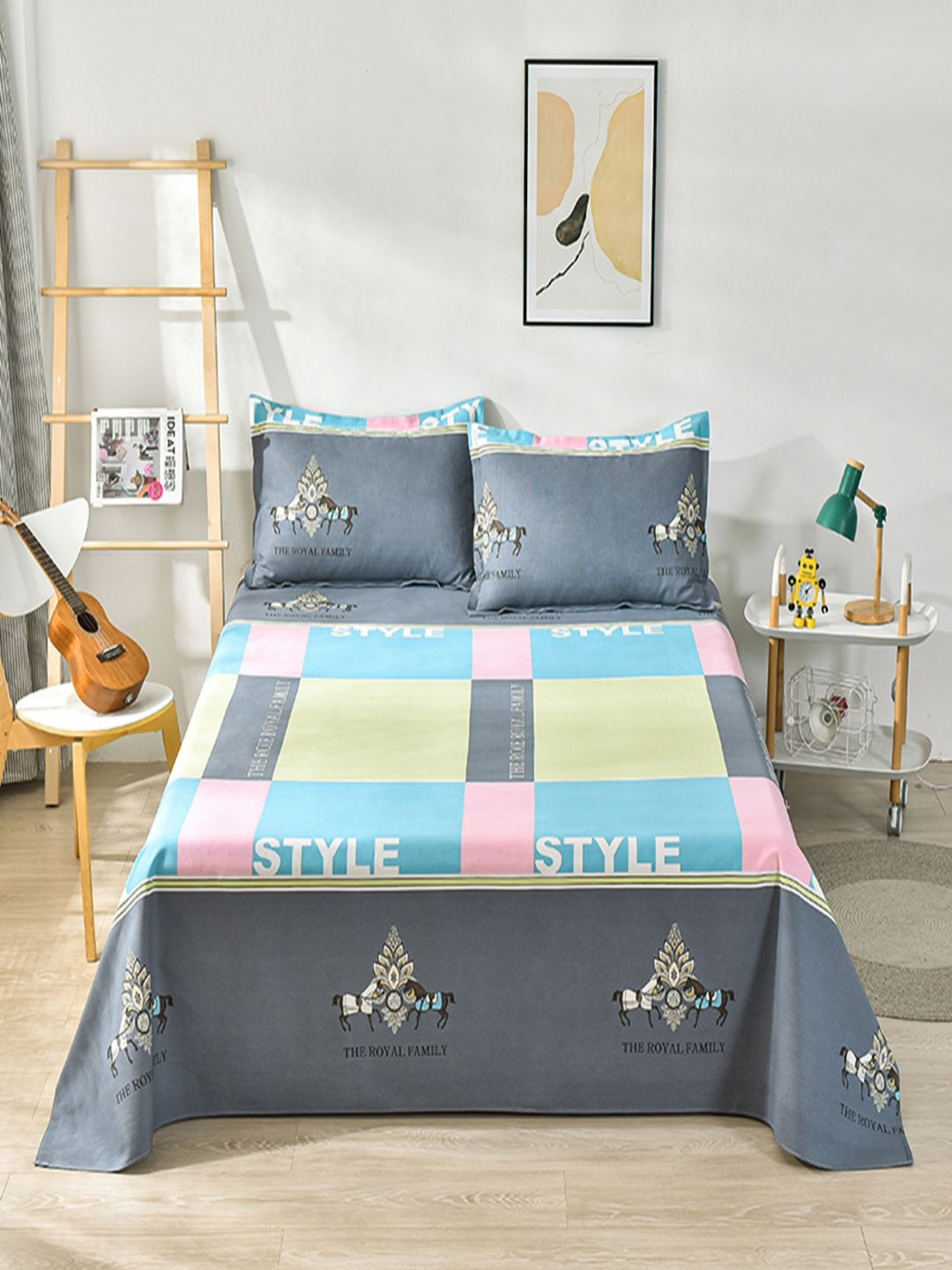 JC HOME Blue & Grey Geometric Cotton 230 TC Super King Bedsheet Set-2.3 m x 2.5 m