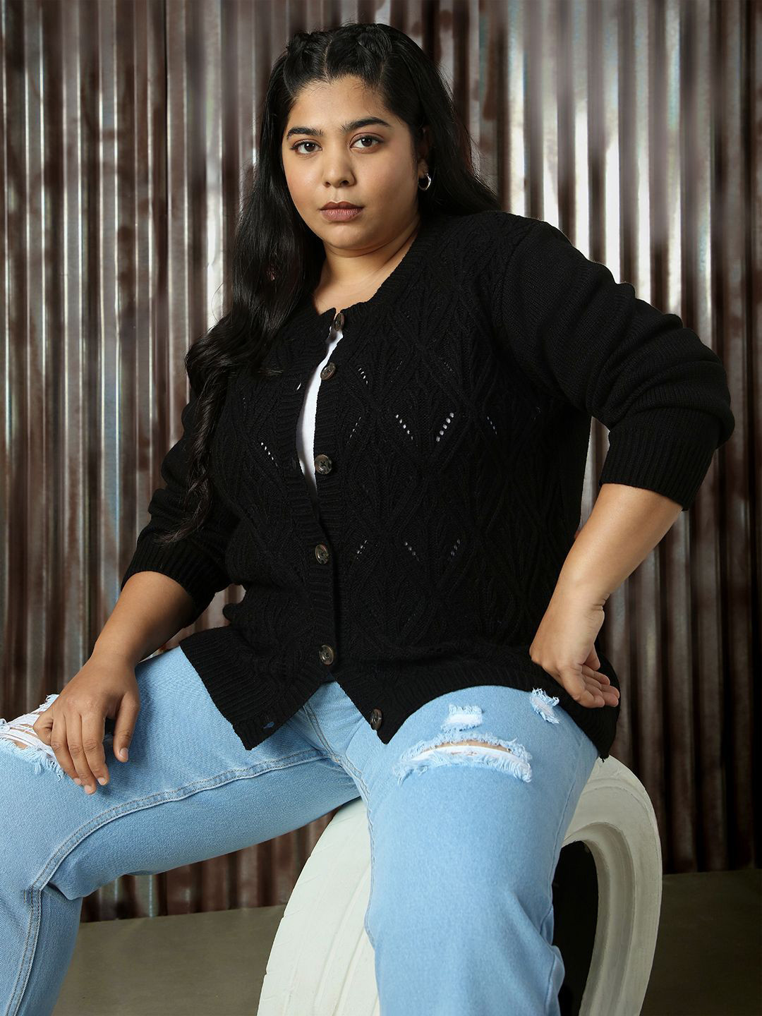 Freeform by High Star Women Cable Knit Self Design Cardigan