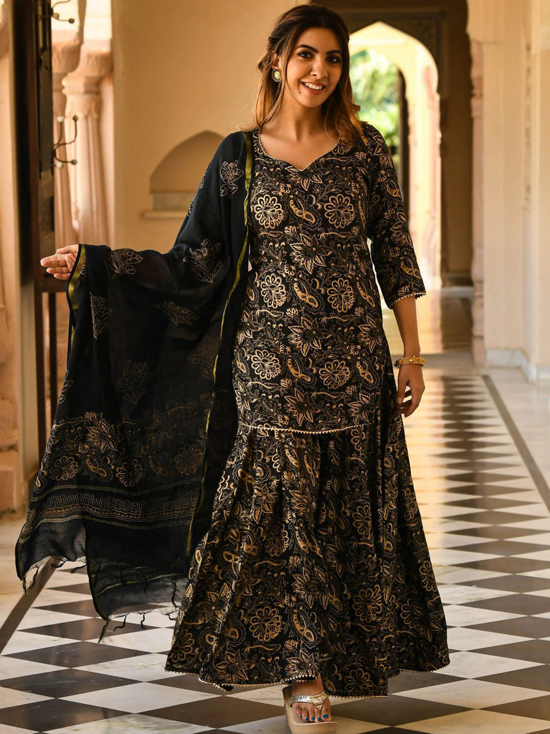 Anni Designer Floral Printed Straight Kurti With Sharara & Dupatta