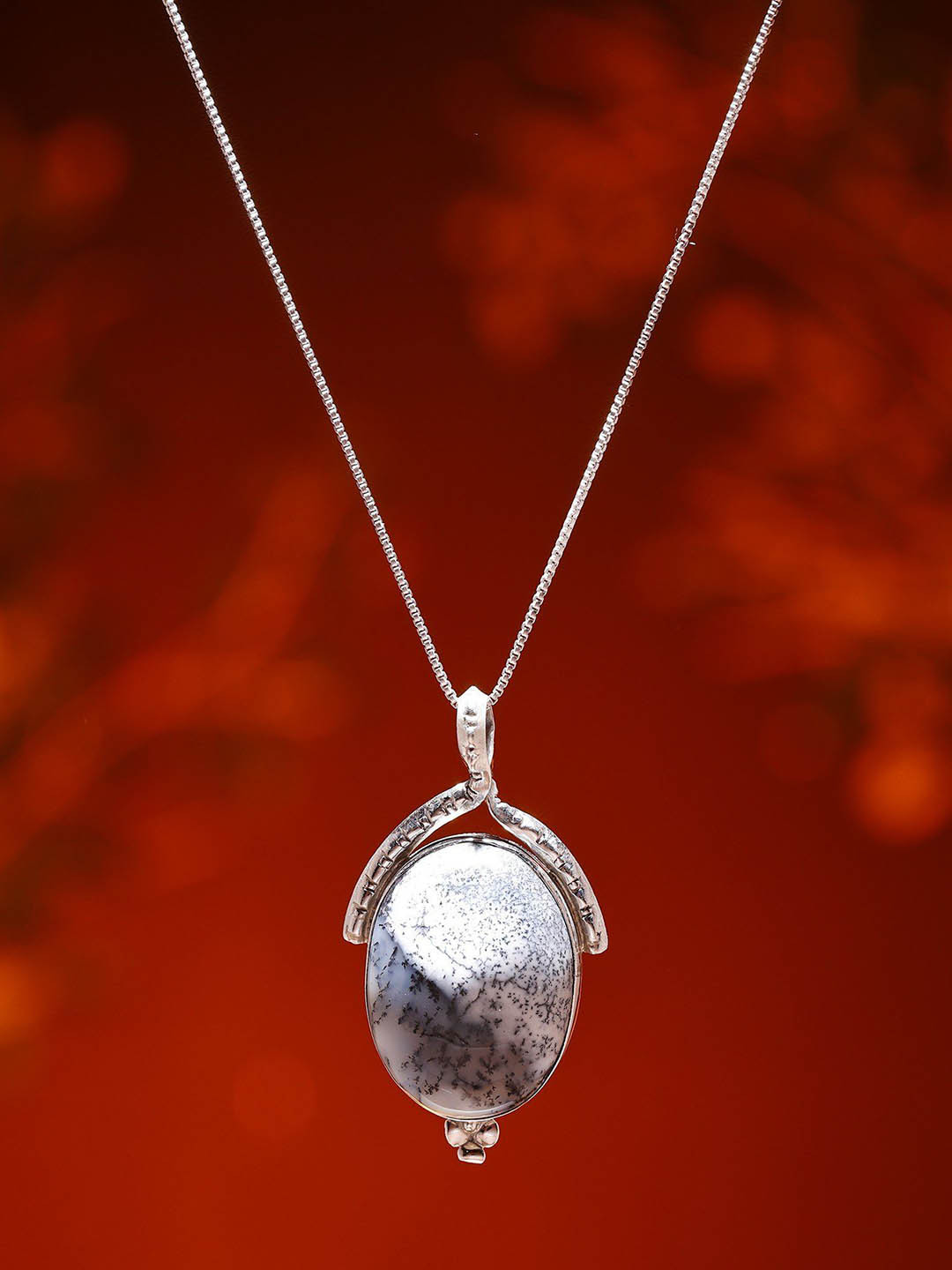 Exotic India Sterling Silver Oval Shape Dendrite Opal Pendant