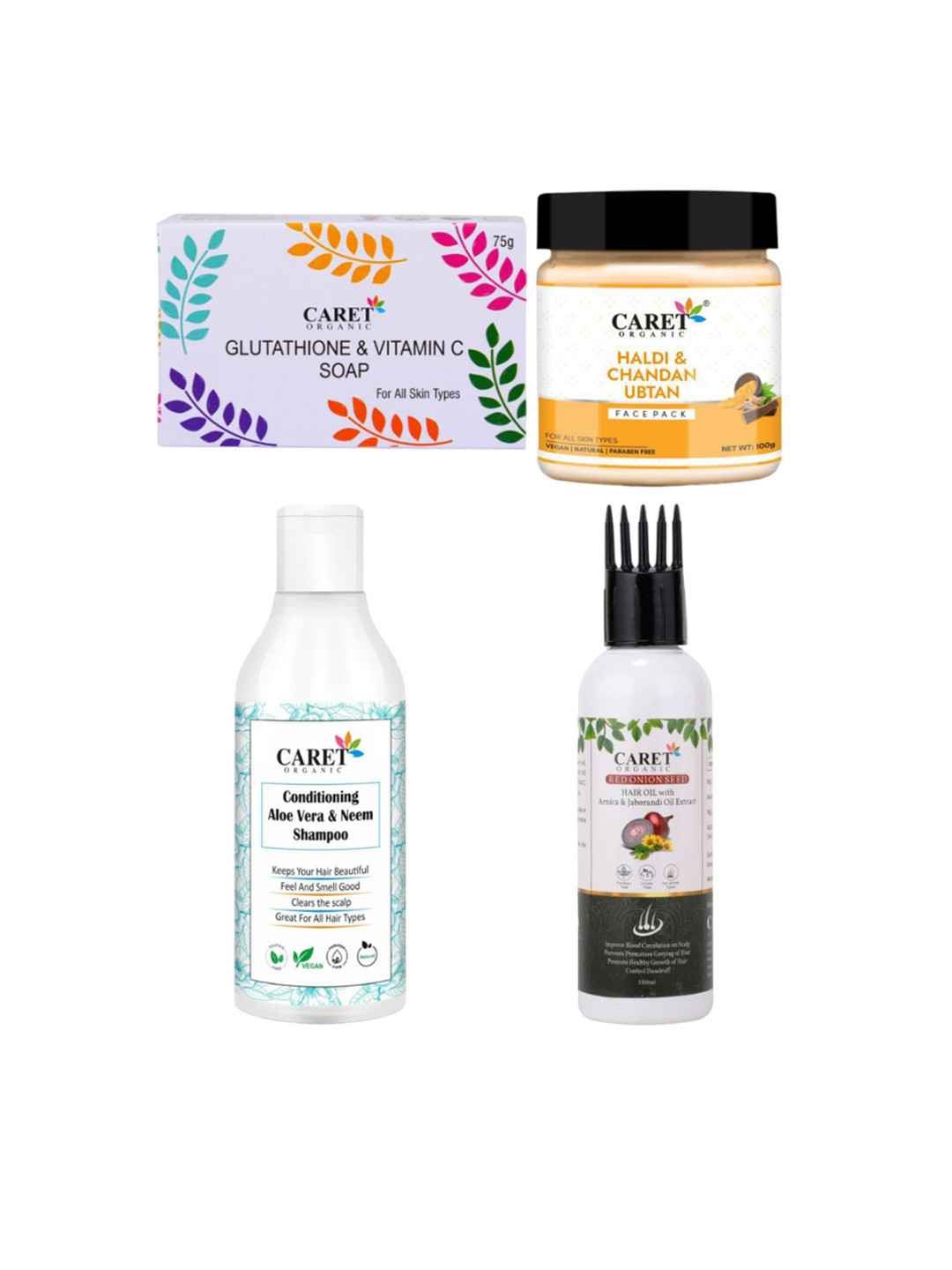 CARET ORGANIC Set of 4 Soap, Onion Hair Oil, Haldi Face Pack & Aloevera Neem Shampoo