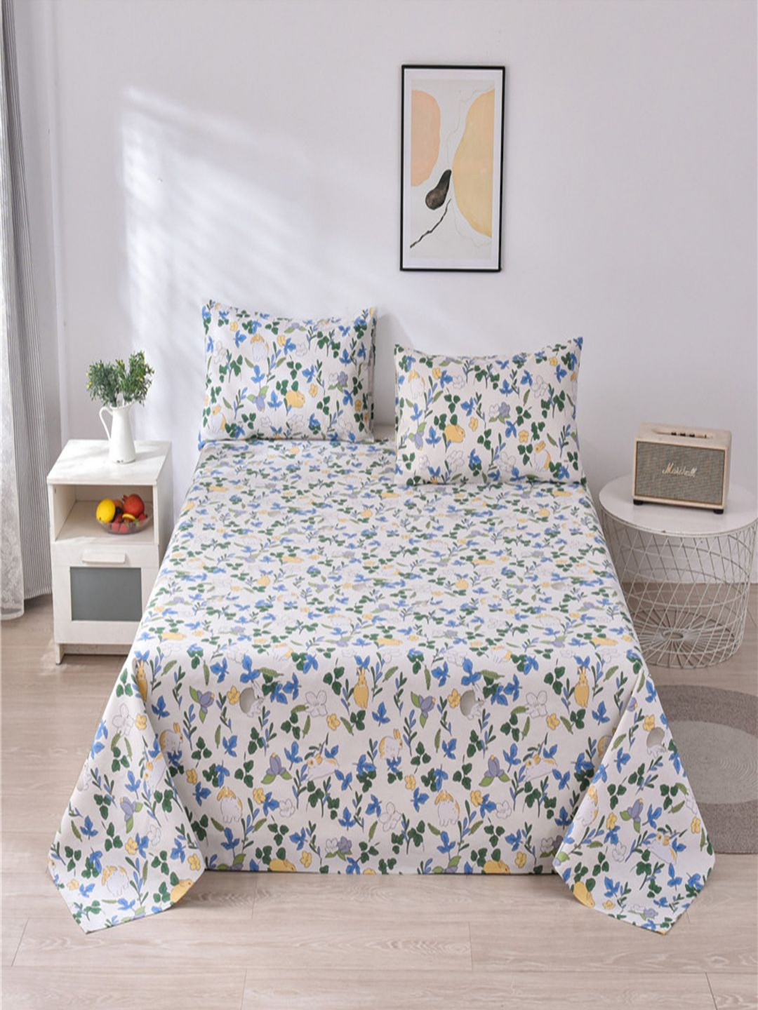 JC HOME White & Blue Floral Printed Pure Cotton 230 TC Queen Bedsheet Set 2.3 x 1.8 m