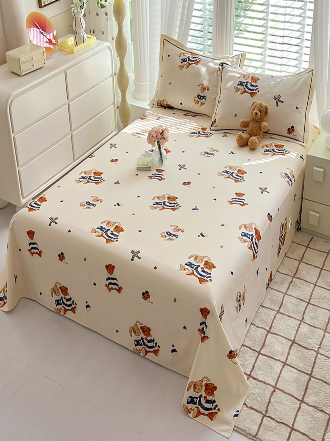 JC HOME Cream Graphic Cotton 230 TC Single Fine Bedsheet with a Pillow Cover-160 x 230 cm