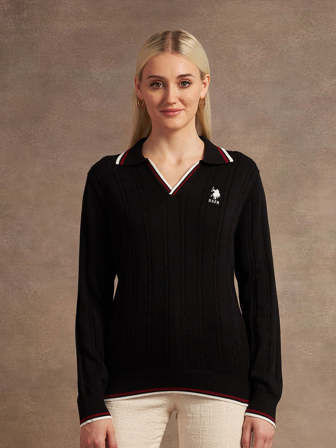 U.S. Polo Assn. Women Cotton Self Design Long Sleeves Cable Knit Pullover