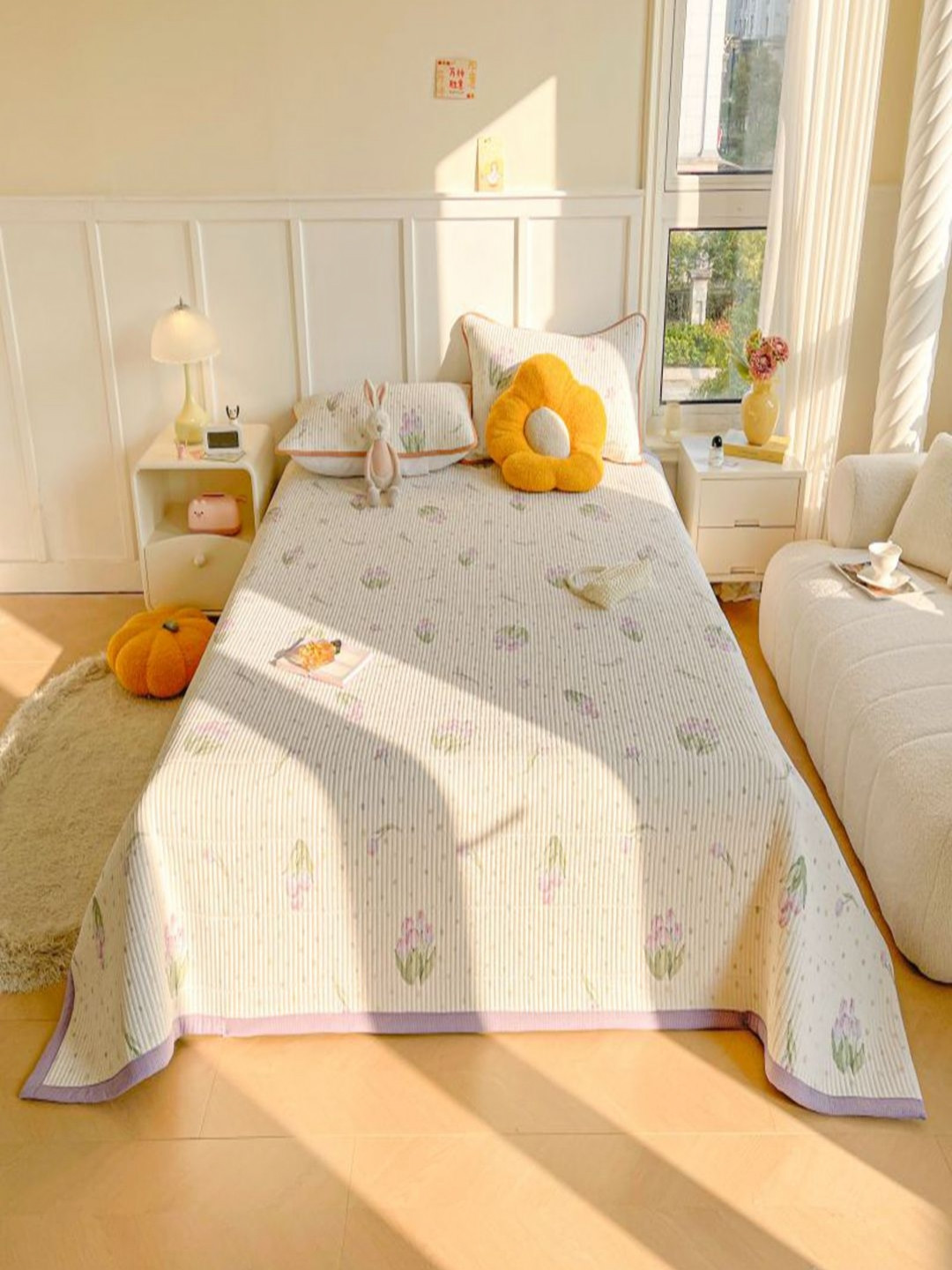 JC HOME White & Lavender-Colored Floral Printed Pure Cotton Single Bed Cover Set