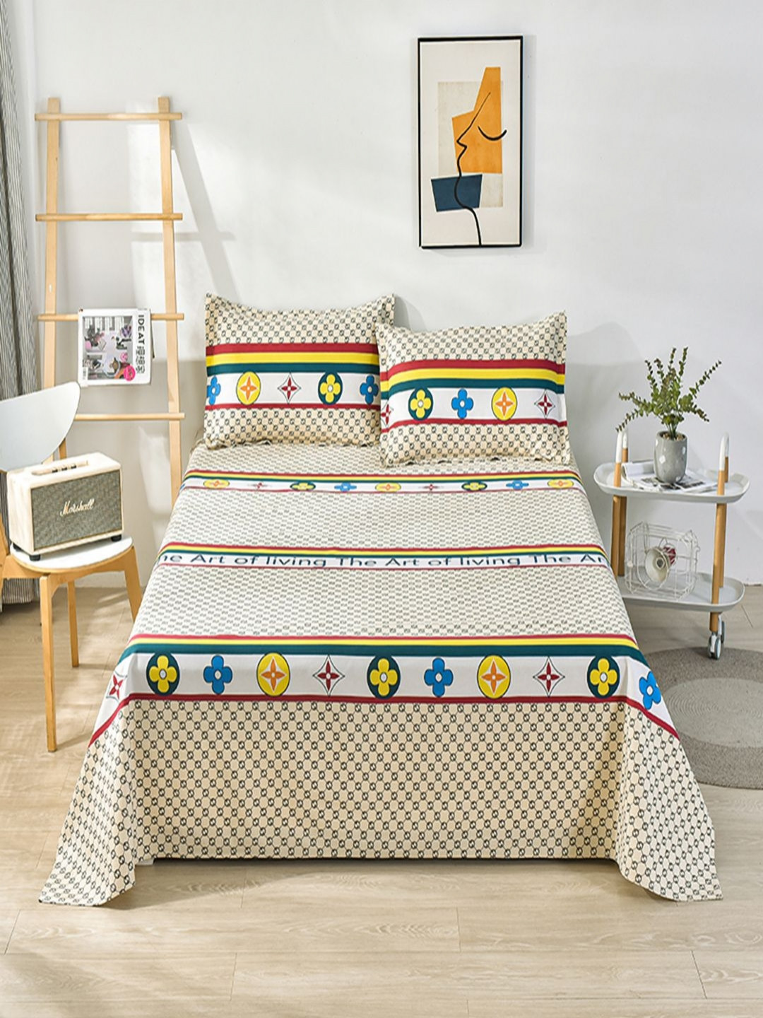 JC HOME Beige Ethnic Motifs Pure Cotton 230 TC King Fine Bedsheet with 2 Pillow Covers-230 x 250 cm