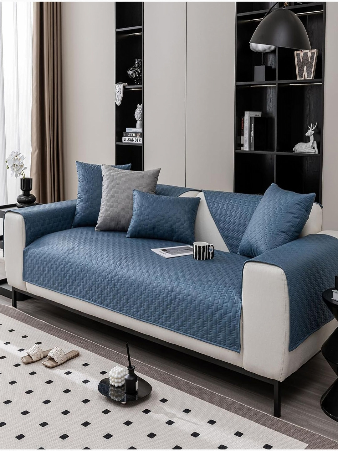 House of Quirk Navy Blue Self Design Four Seater Waterproof Anti-Slip Stretch Sofa Cover