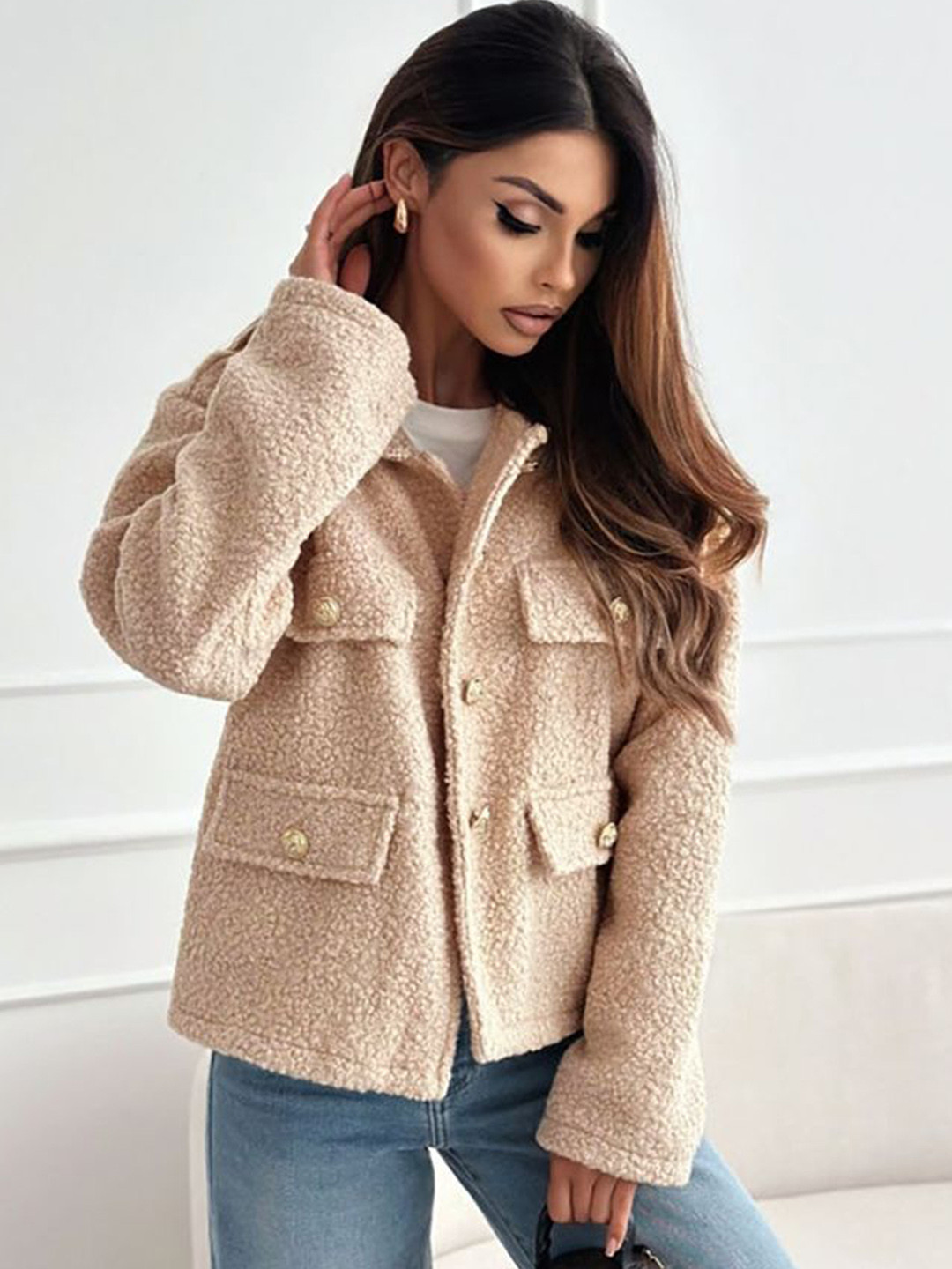 LULU & SKY Women Regular Fit Self Design Button-Down Teddy Fur Overcoat