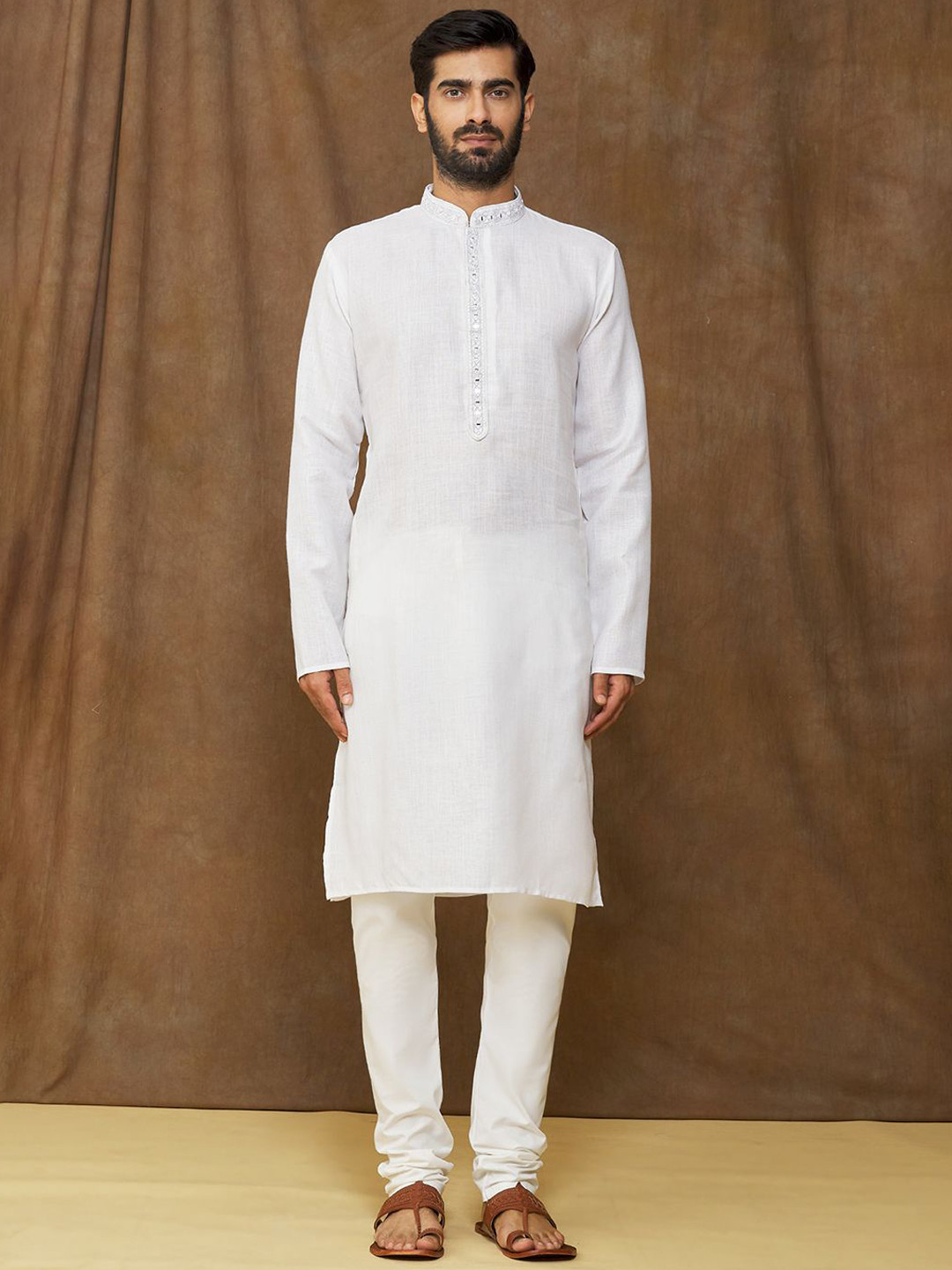 Samyukta Singhania Ethnic Motifs Embroidered Linen Cotton Mirror Work Kurta With Churidar