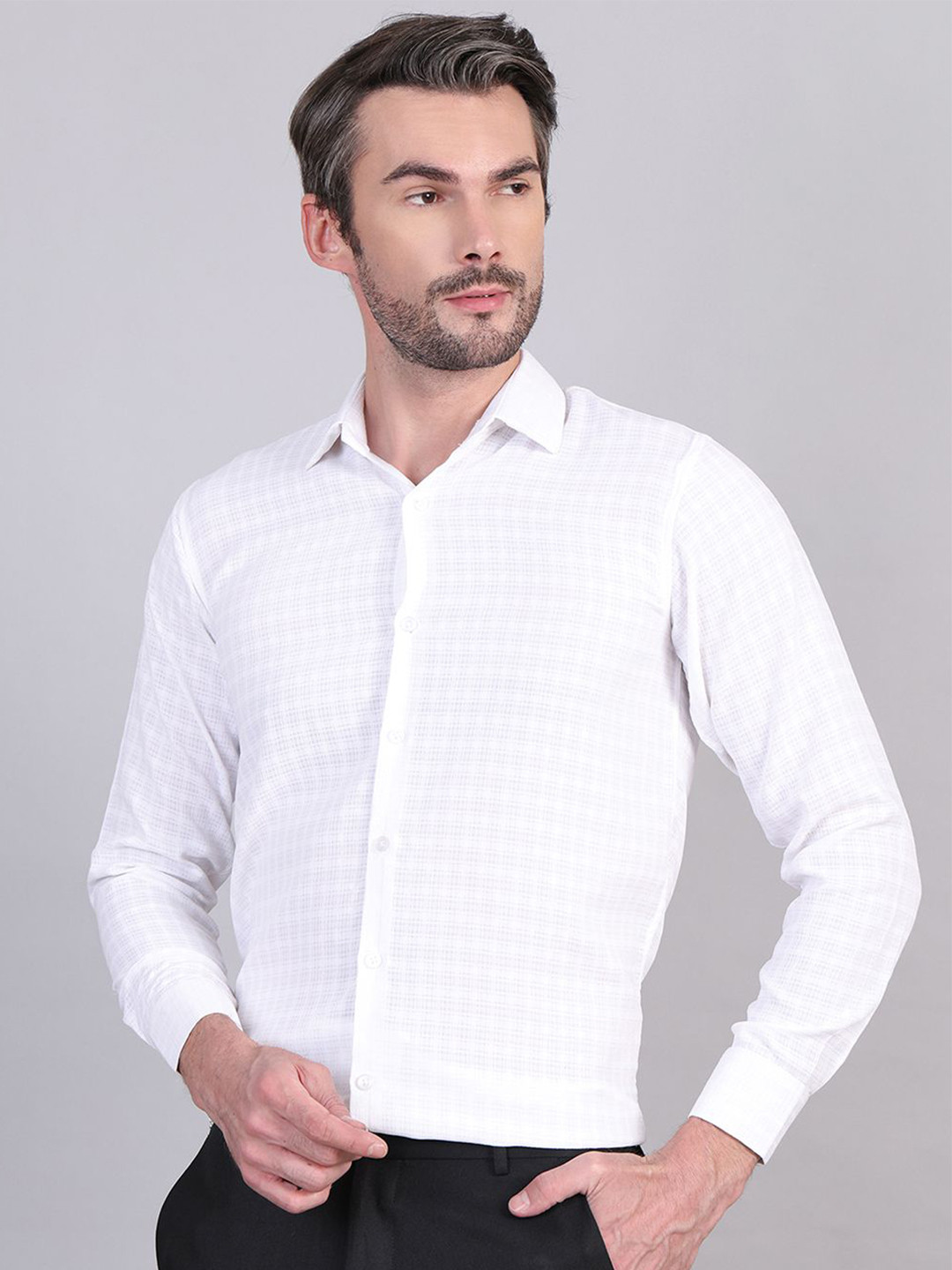 Indian Needle Men Classic Spread Collar Micro Checked Cotton Formal Shirt