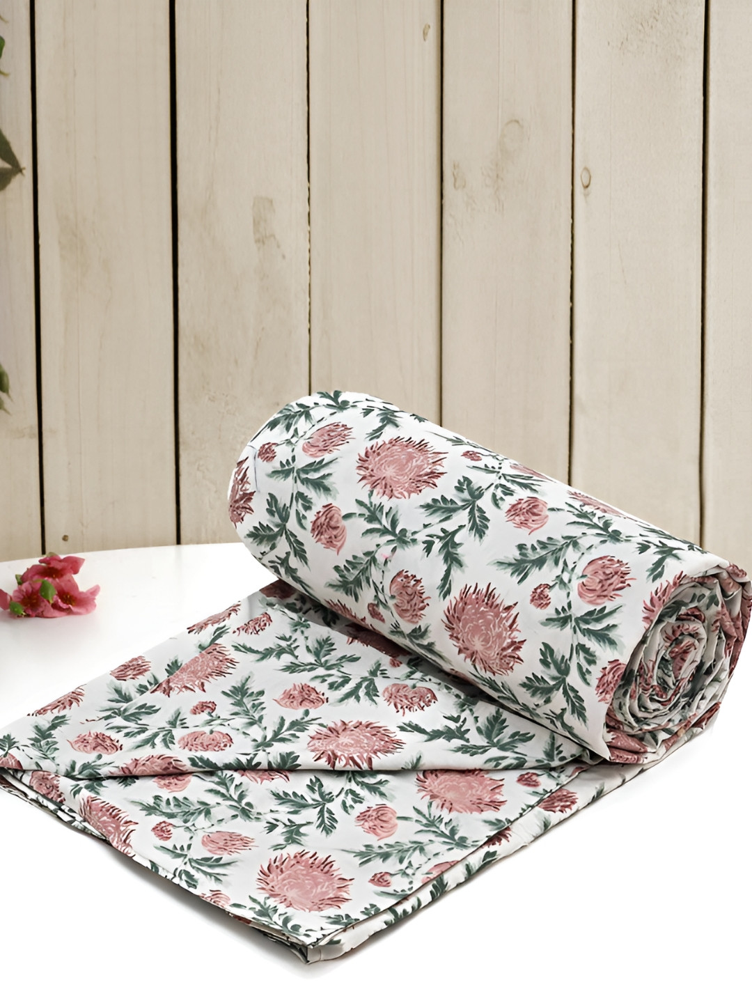 RRC White & Pink Floral Printed Cotton Reversible Duvet Cover