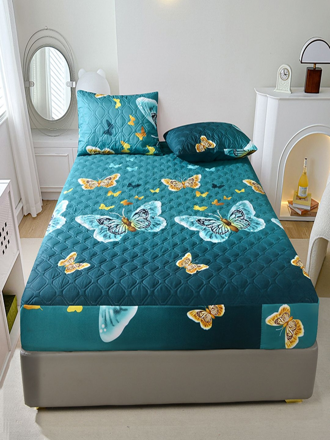 JC HOME Teal Graphic Polycotton 150 TC Fitted King Bedsheet with 2 Pillow Covers-71 x 79 inches