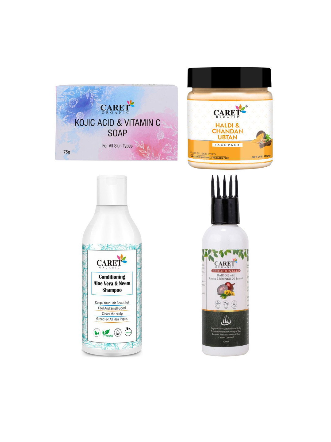 CARET ORGANIC Set of 4 Kojic Acid Soap, Onion Hair Oil, Haldi Face Pack & Aloevera Shampoo