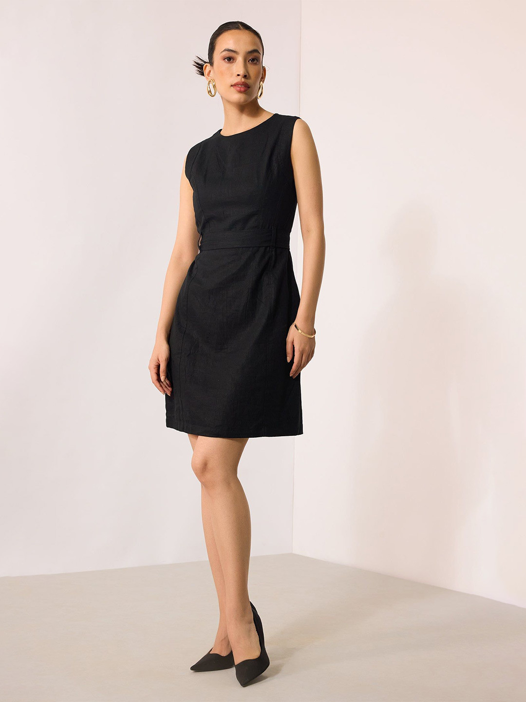 Virgio Cotton Black Belted Midi Dress
