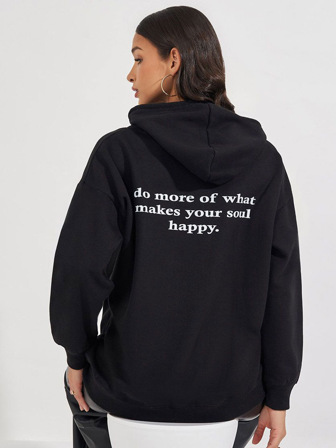 Styli Women Oversized Fit Longline Front and Back Slogan Printed Hoodie with Kangaroo Pocket
