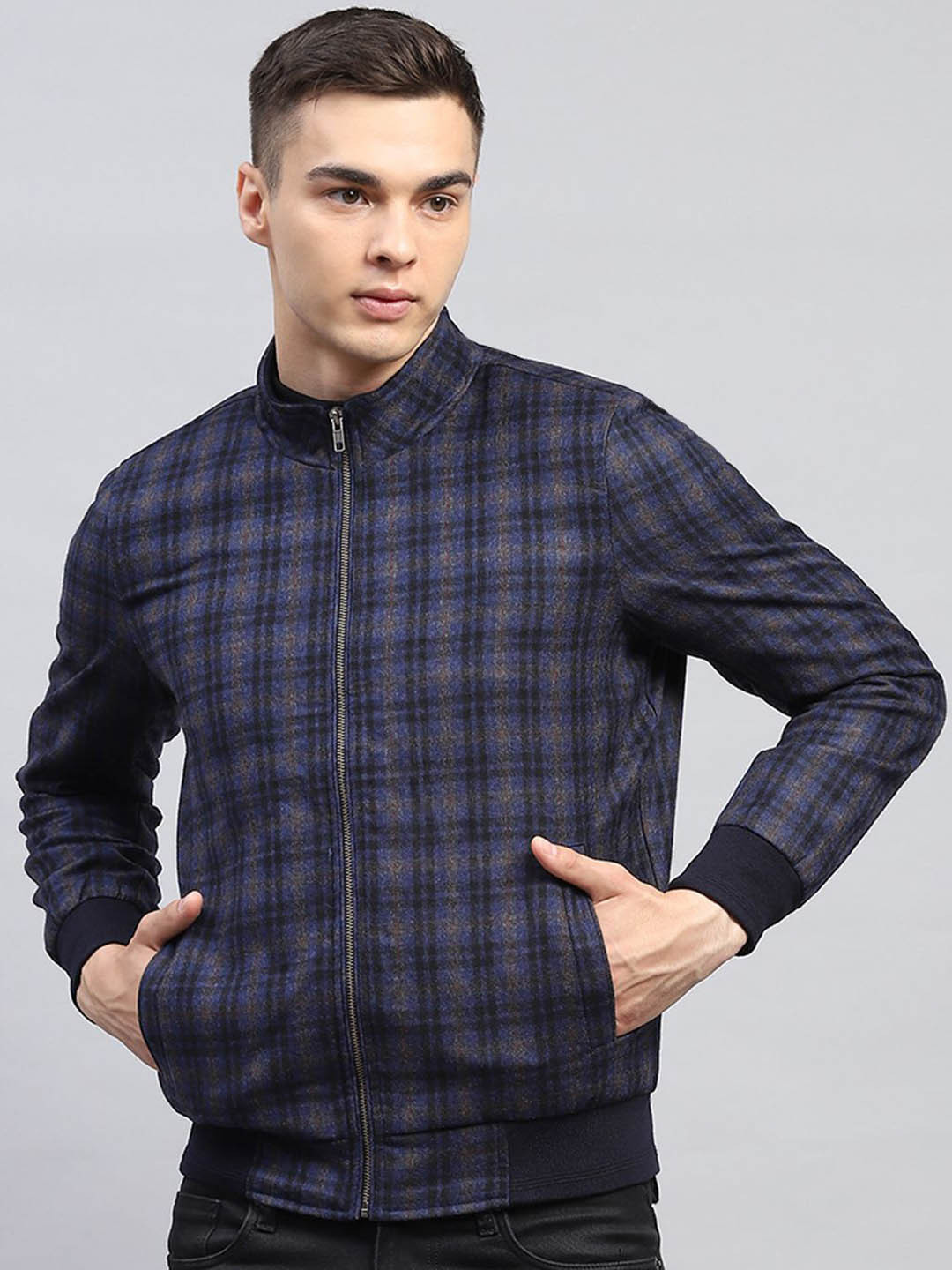 Monte Carlo Men Checked Mock Collar Long Sleeves Zipped Open Front Winter Jacket