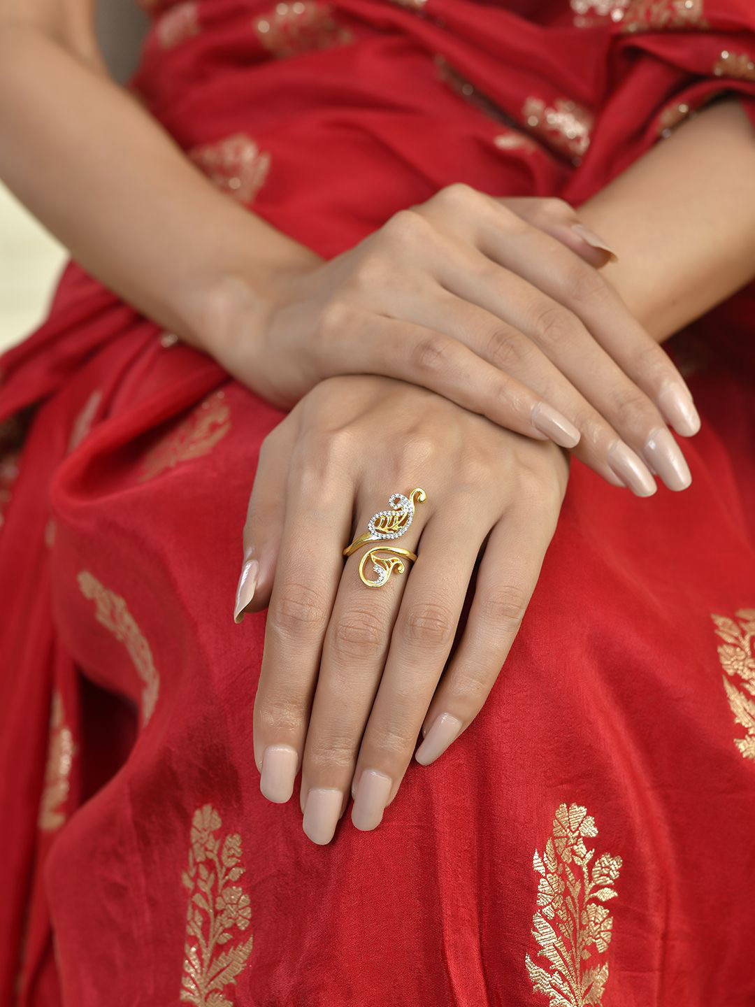 Voylla Alpana Gold-Plated Cubic Zirconia Studded Finger Ring