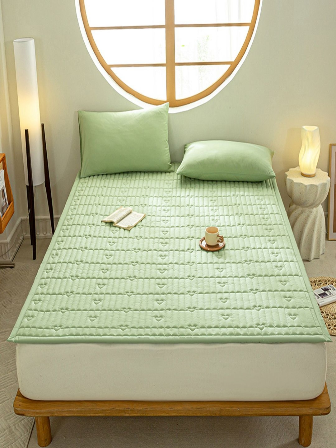 JC HOME Green Self Design Polycotton 160 TC Double Bedsheet with a Pillow Cover-79 x 47 inches