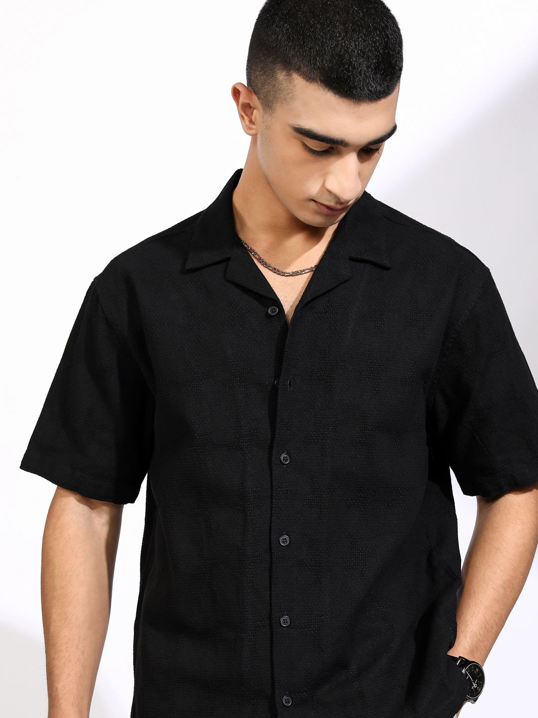 Highlander Men Mocklino Dobby Textured Solid Cuban Collar Relaxed Shirt