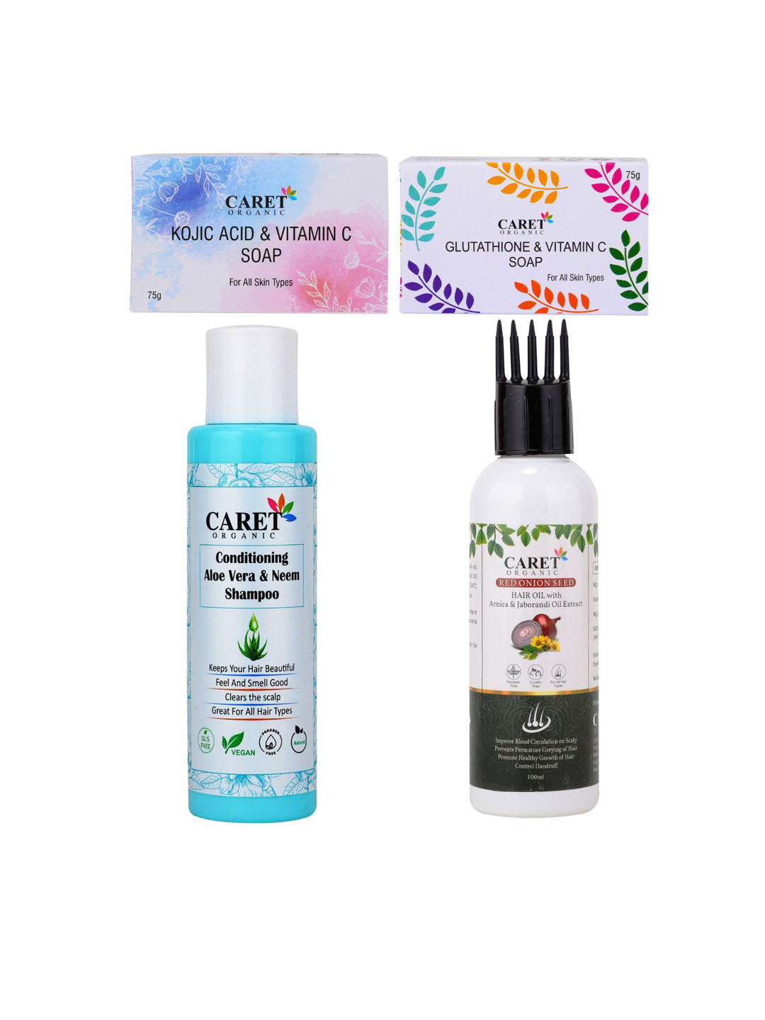 CARET ORGANIC Set Of 4 Kojic Acid Soap-75 g-  Shampoo-150 ml-Hair Oil-100 ml & Soap- 75 g