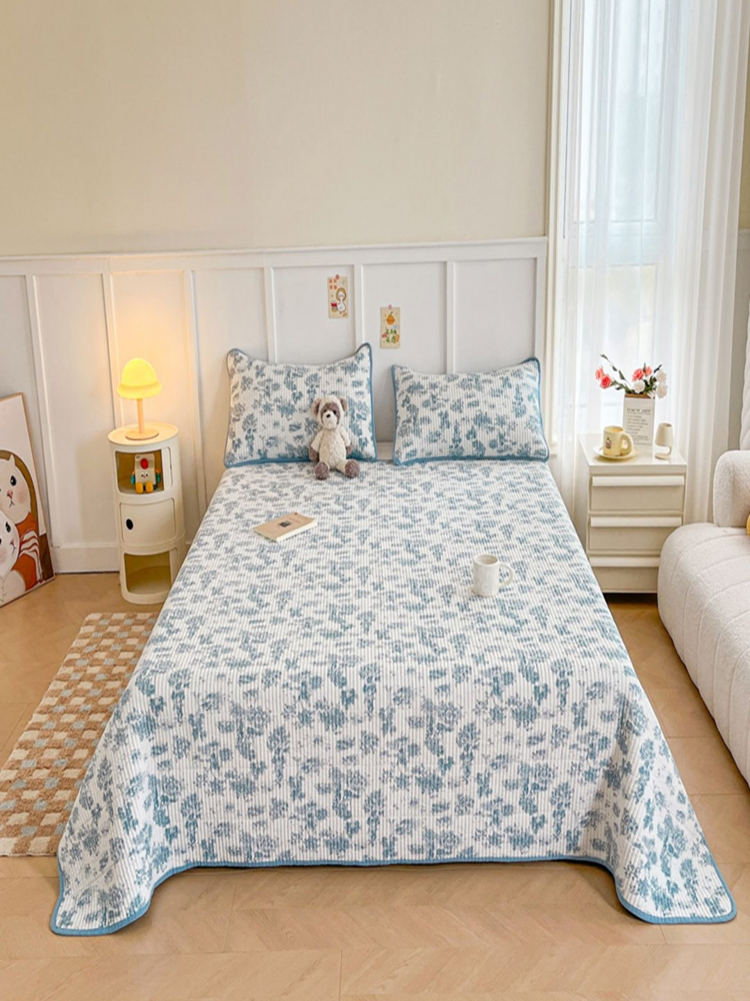 JC HOME Blue Printed 240 TC Pure Cotton Double Super King Bed Cover With 2 Pillow Covers