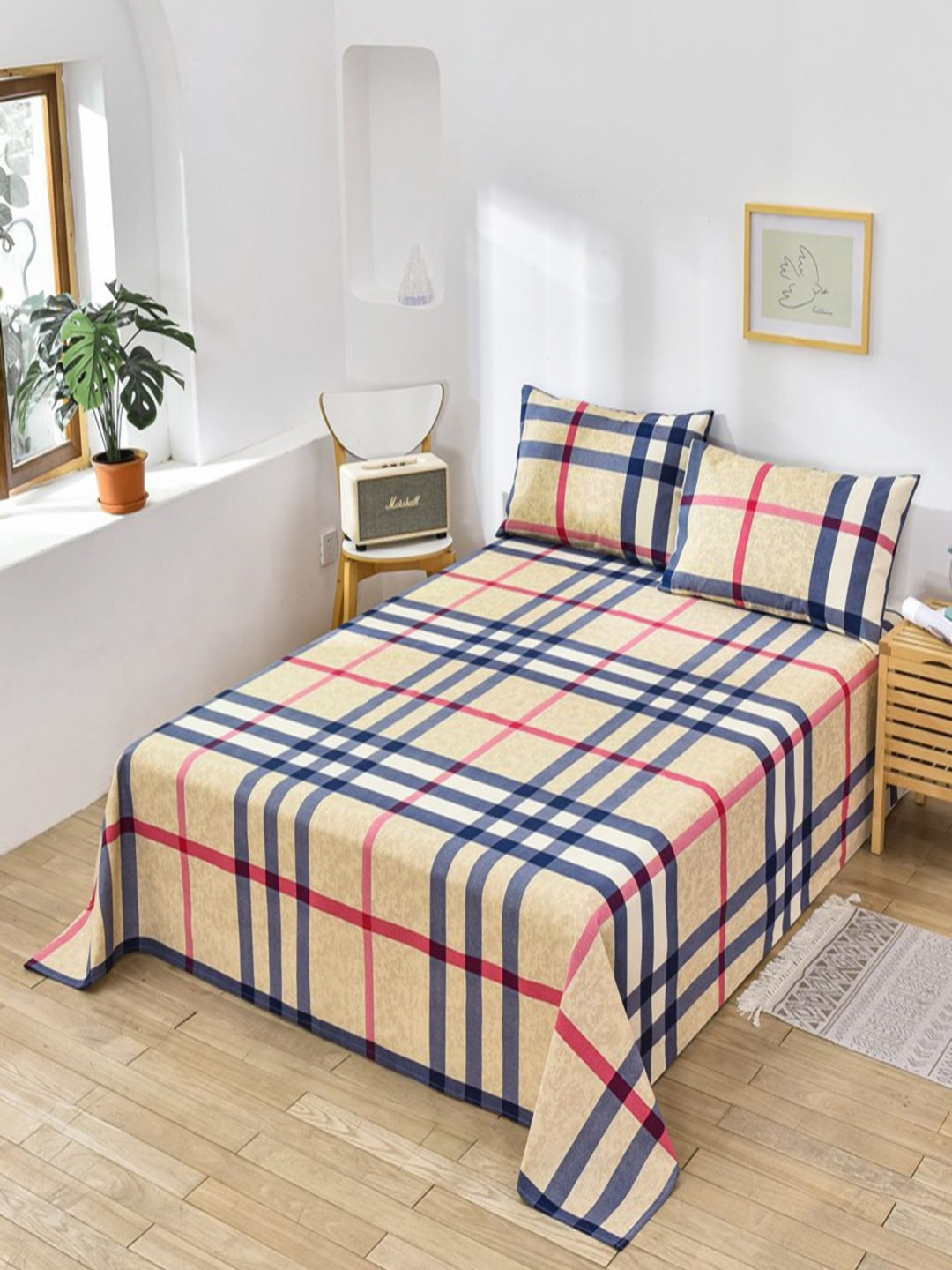 JC HOME Gold-Toned & Blue Geometric Pure Cotton 230 TC Queen Bedsheet Set 1.80 m x 2.30 m