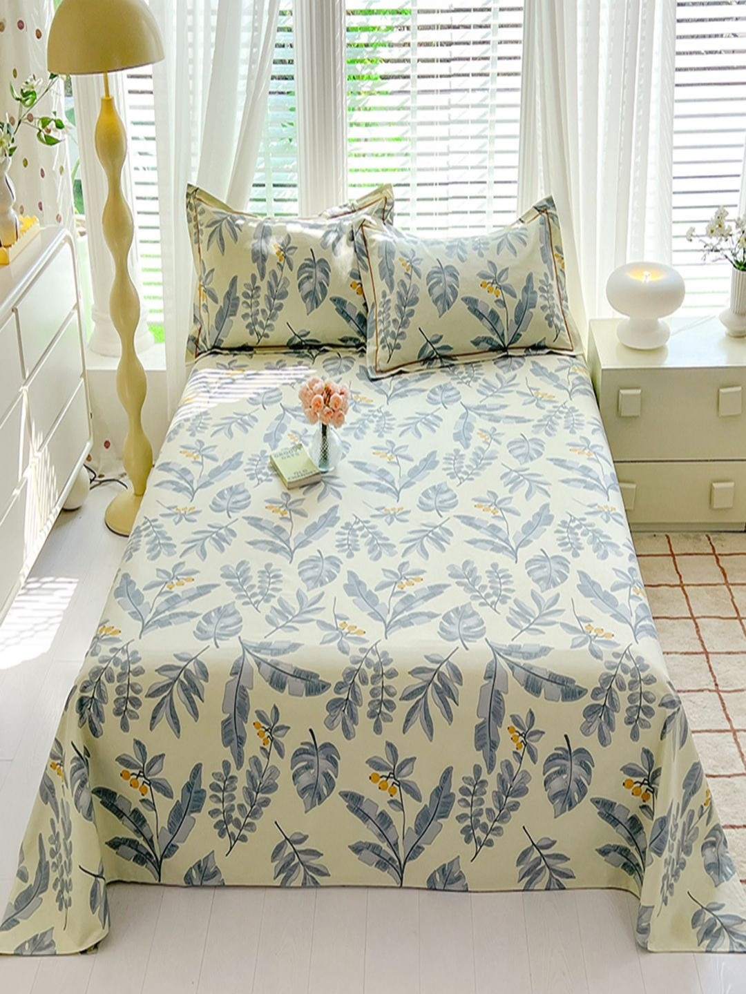 JC HOME Cream Leaf Cotton 230 TC Double Fine Bedsheet with a Pillow Cover-63 x 91 inches