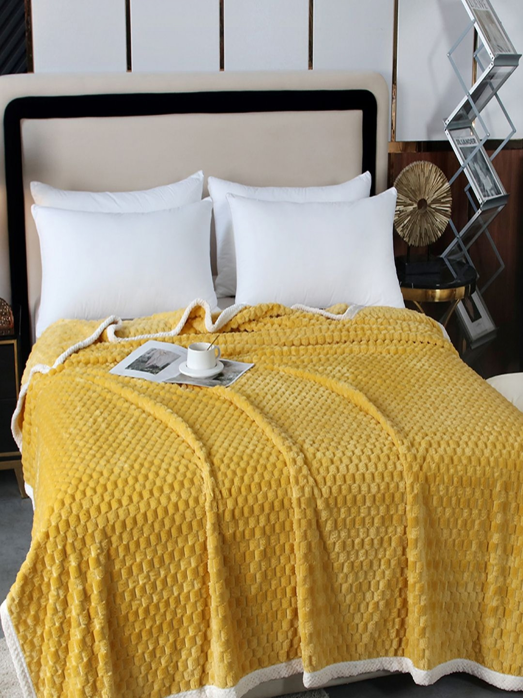 JC HOME Yellow Checked AC Room 300 GSM Single Bed Blanket