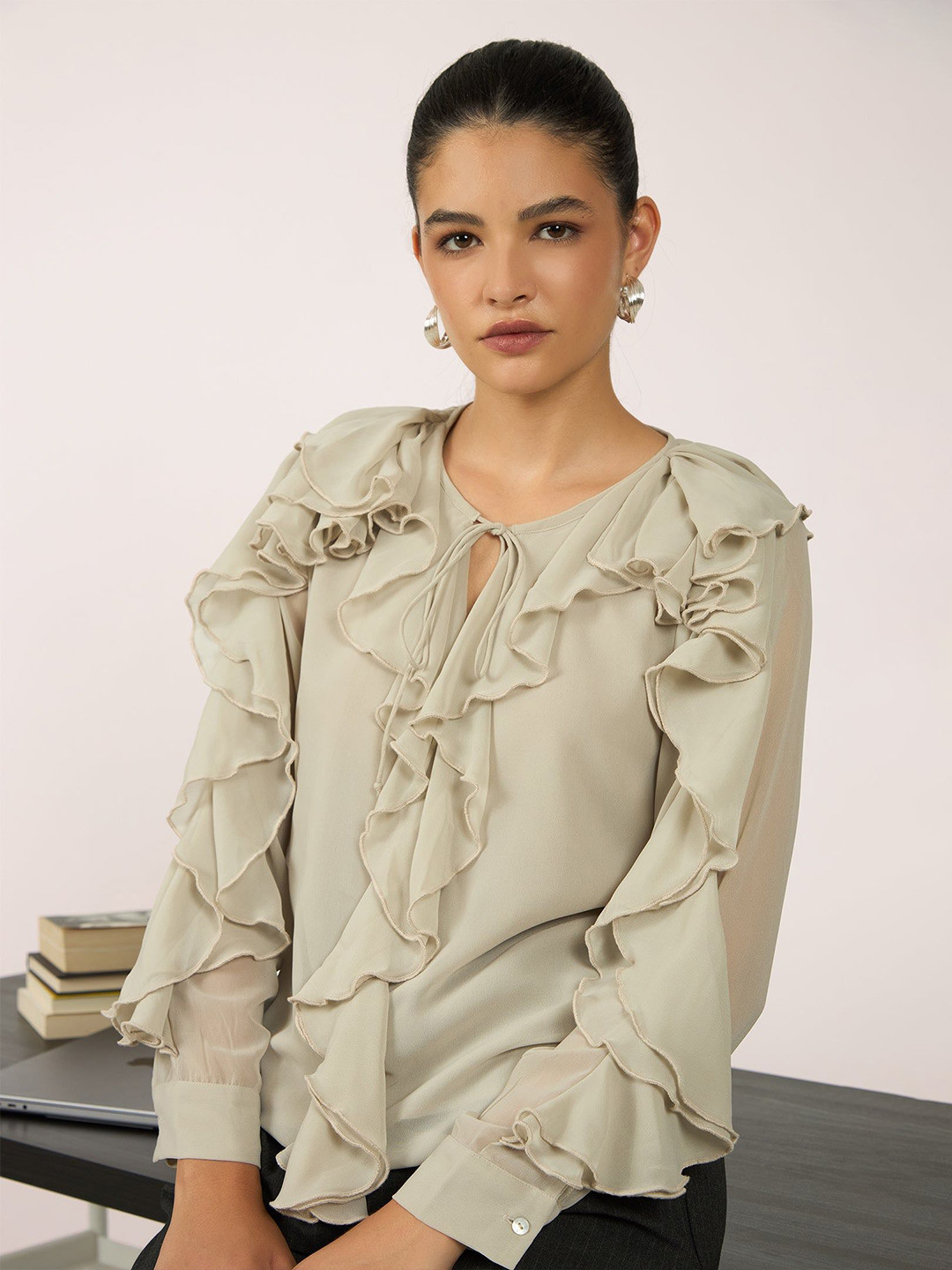 Virgio Georgette Ivory Ruffle Blouse