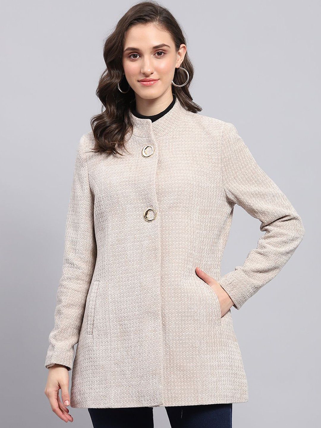 Monte Carlo Women Wool Self Design Mock Collar Long Sleeves Overcoat