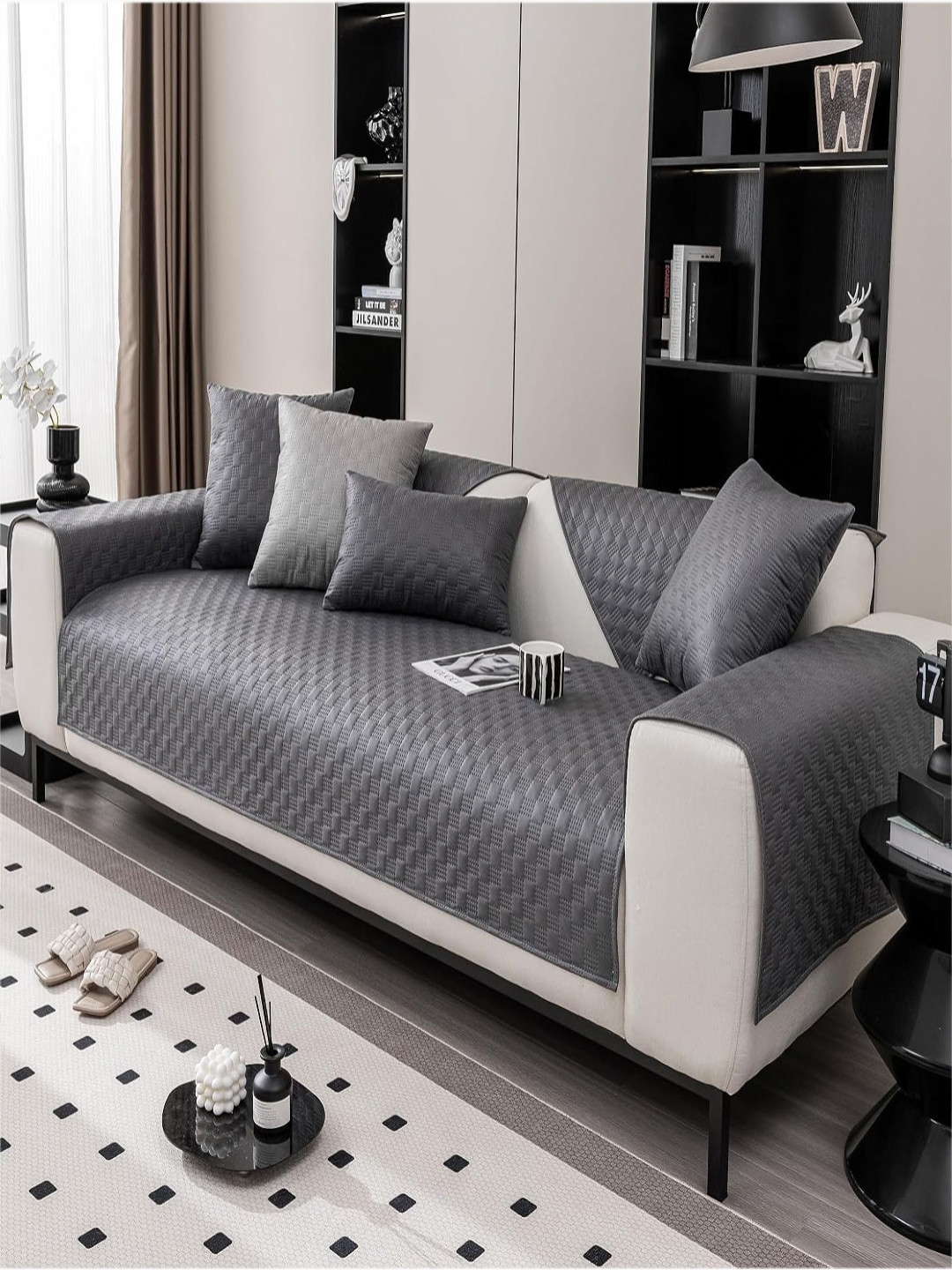 HOUSE OF QUIRK Charcoal Textured Triple Seater Luxury Waterproof Anti-Slip Sofa Cover