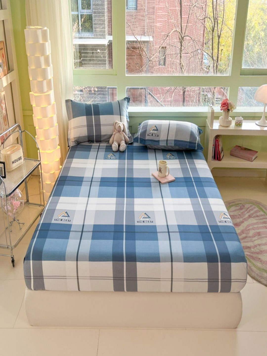JC HOME Blue Geometric Pure Cotton 220 TC Fitted King Fine Bedsheet with 2 Pillow Covers-220 x 180 cm