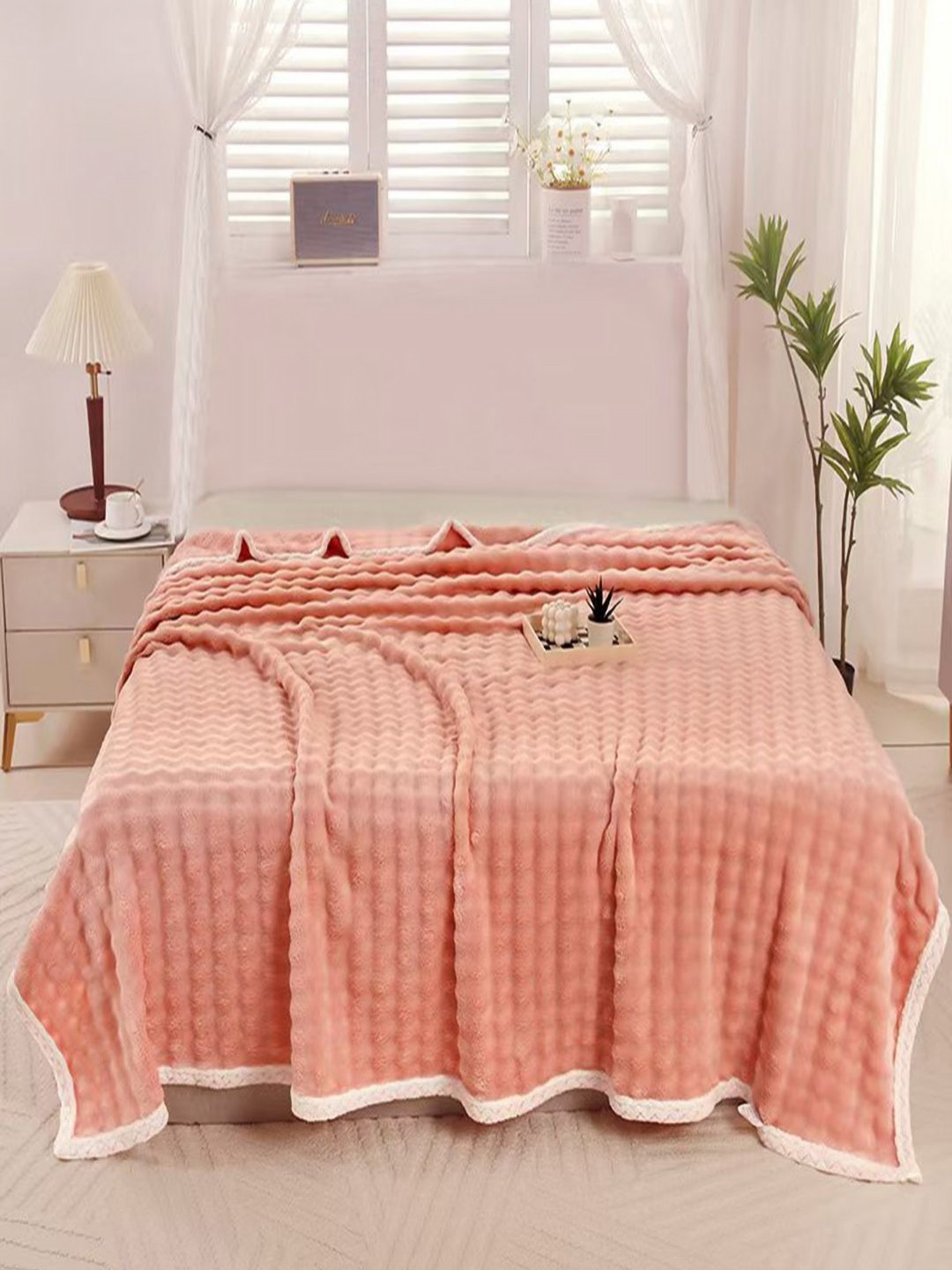 JC HOME Pink & Cream-Coloured Striped AC Room 300 GSM Double Bed Blanket